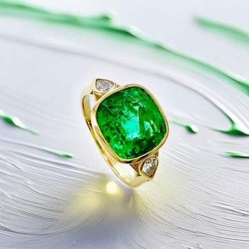 3-Carat Cushion-Cut Zambian Emerald Three-Stone Engagement Ring in 18kt Yellow Gold
