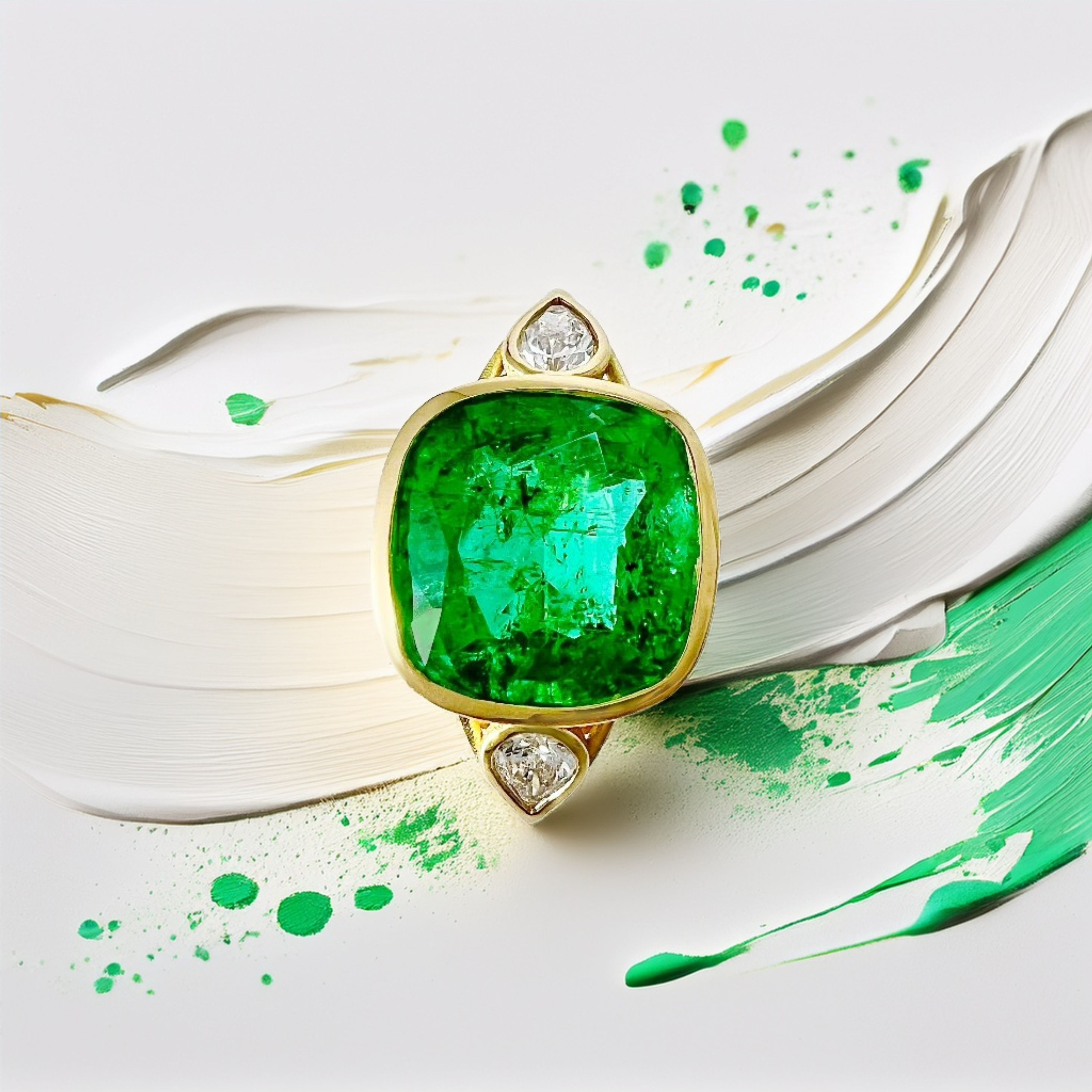 3-Carat Cushion-Cut Zambian Emerald Three-Stone Engagement Ring in 18kt Yellow Gold