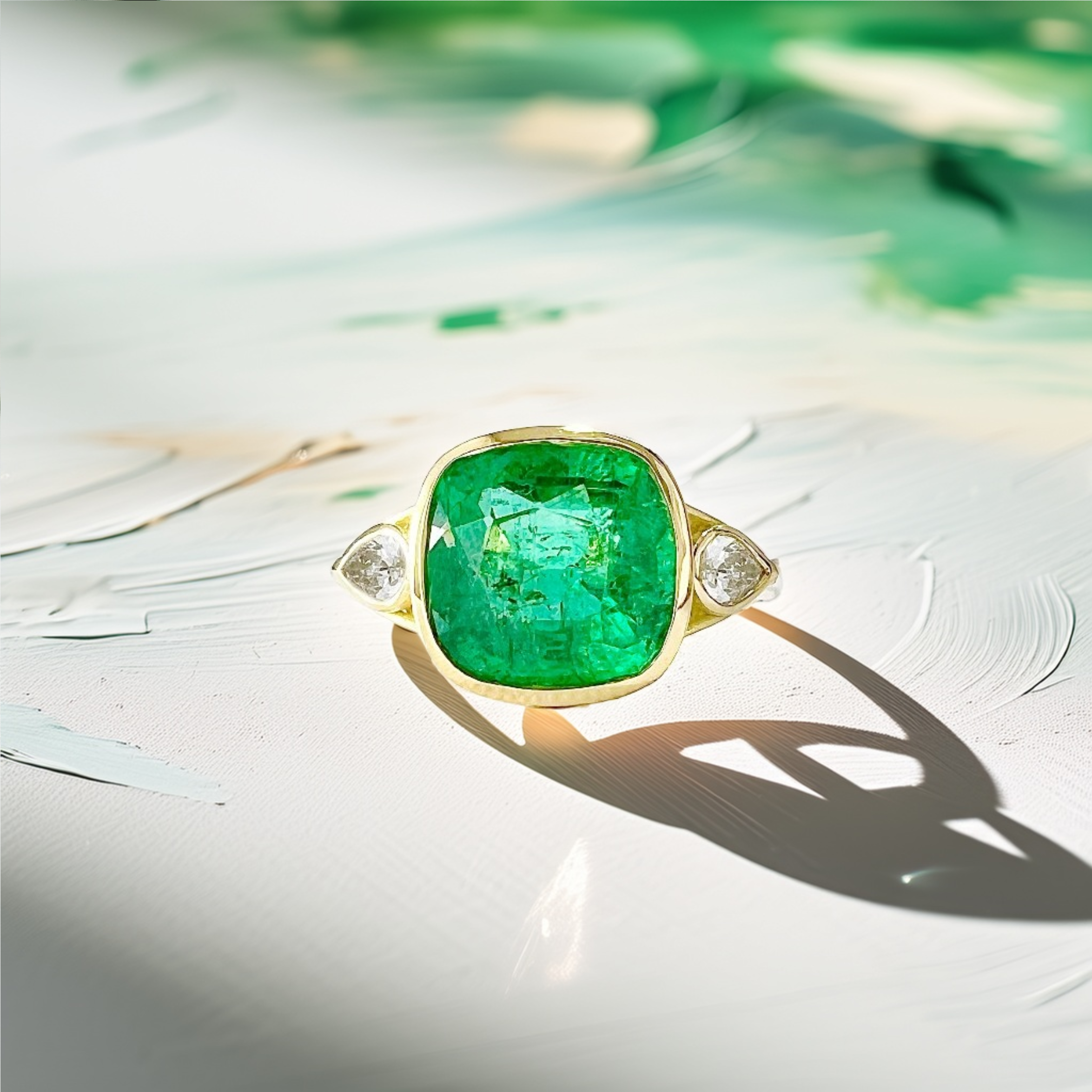 3-Carat Cushion-Cut Zambian Emerald Three-Stone Engagement Ring in 18kt Yellow Gold