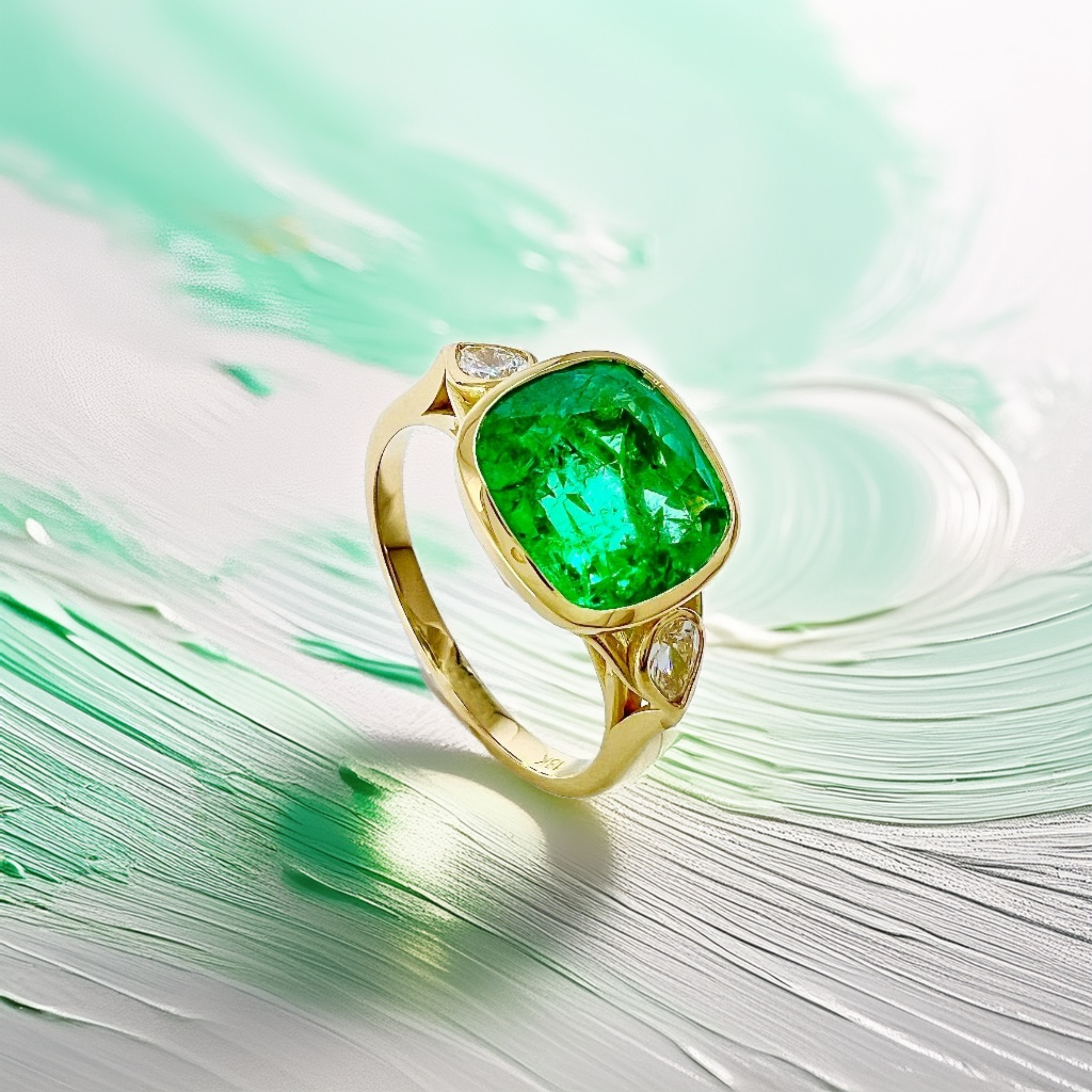 3-Carat Cushion-Cut Zambian Emerald Three-Stone Engagement Ring in 18kt Yellow Gold