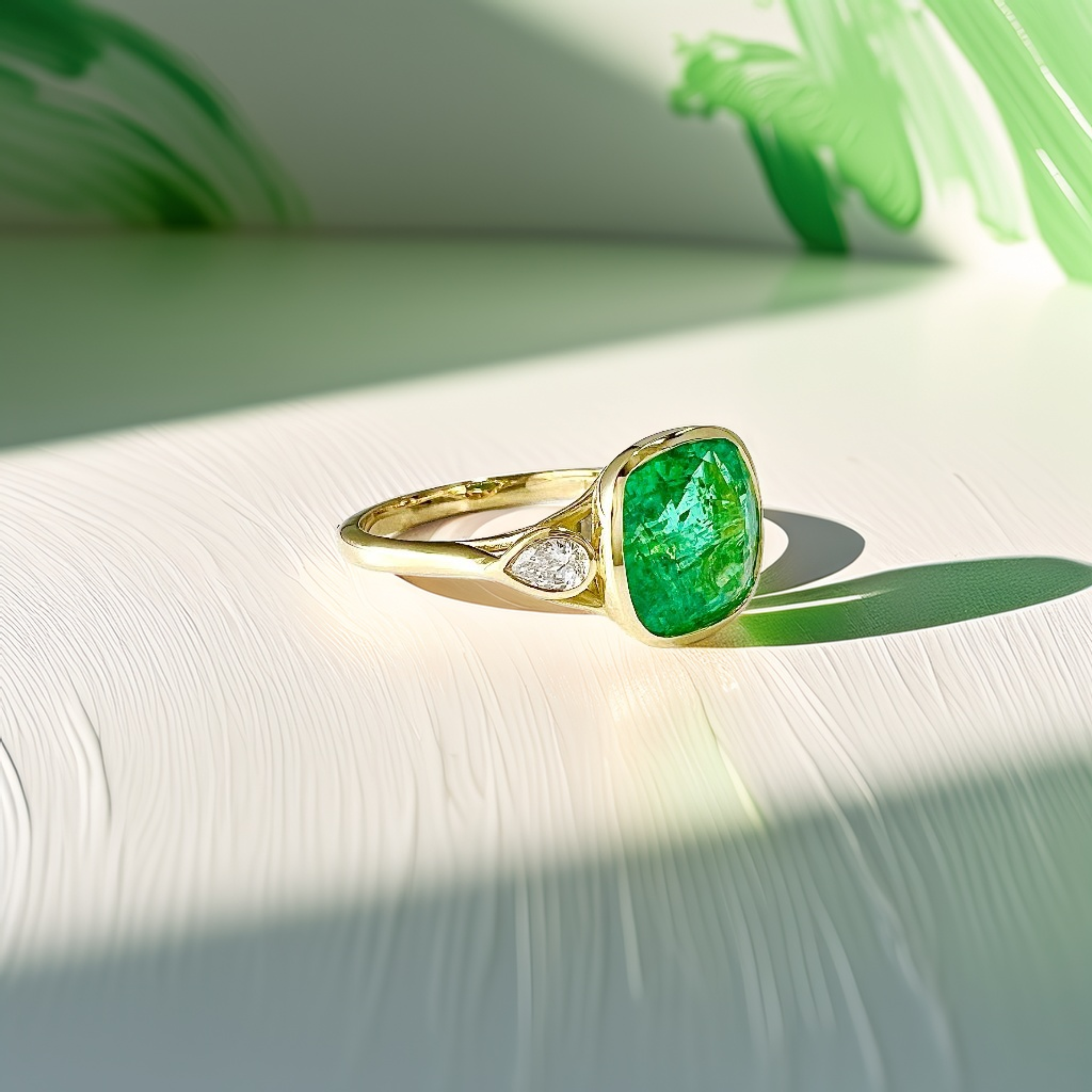 3-Carat Cushion-Cut Zambian Emerald Three-Stone Engagement Ring in 18kt Yellow Gold