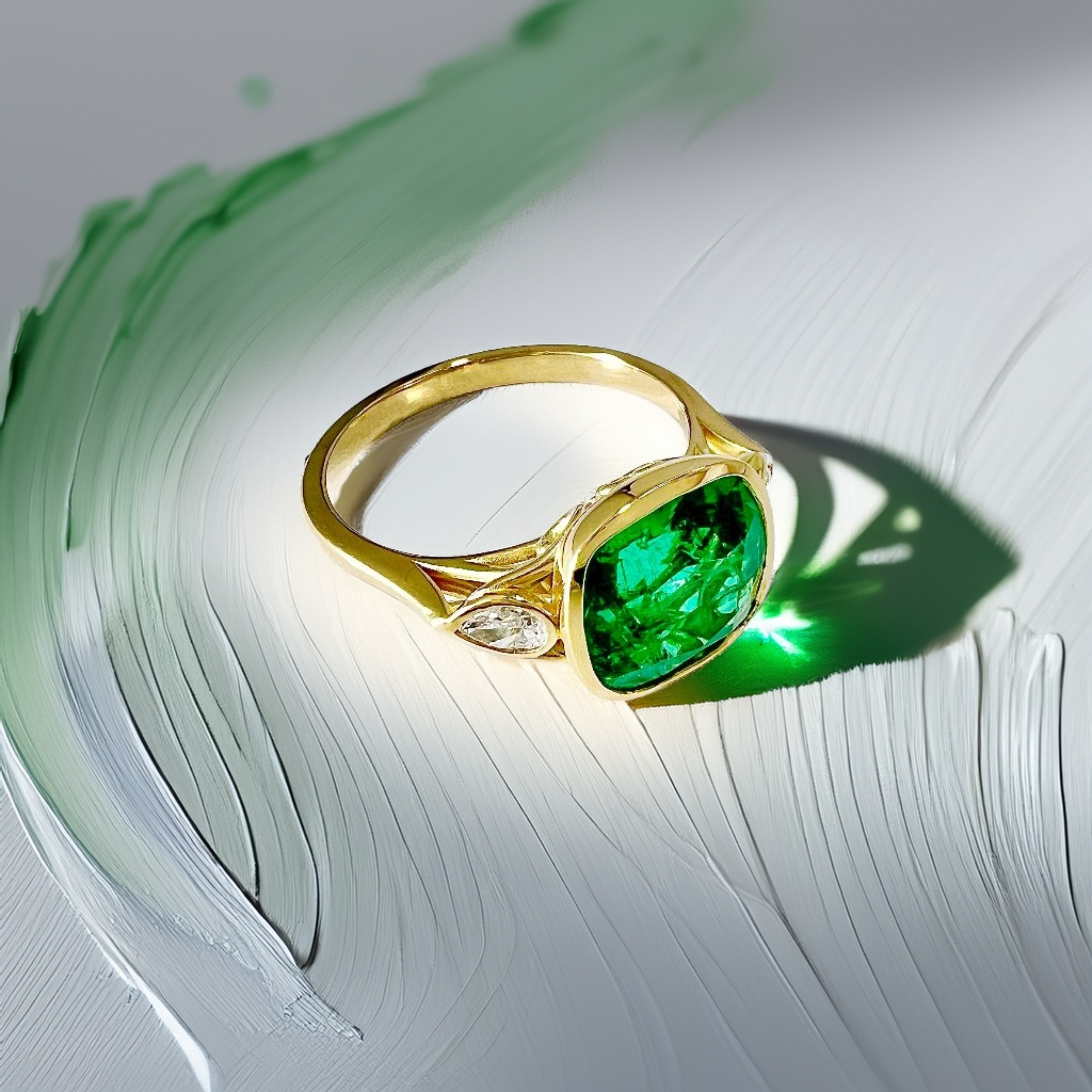 3-Carat Cushion-Cut Zambian Emerald Three-Stone Engagement Ring in 18kt Yellow Gold