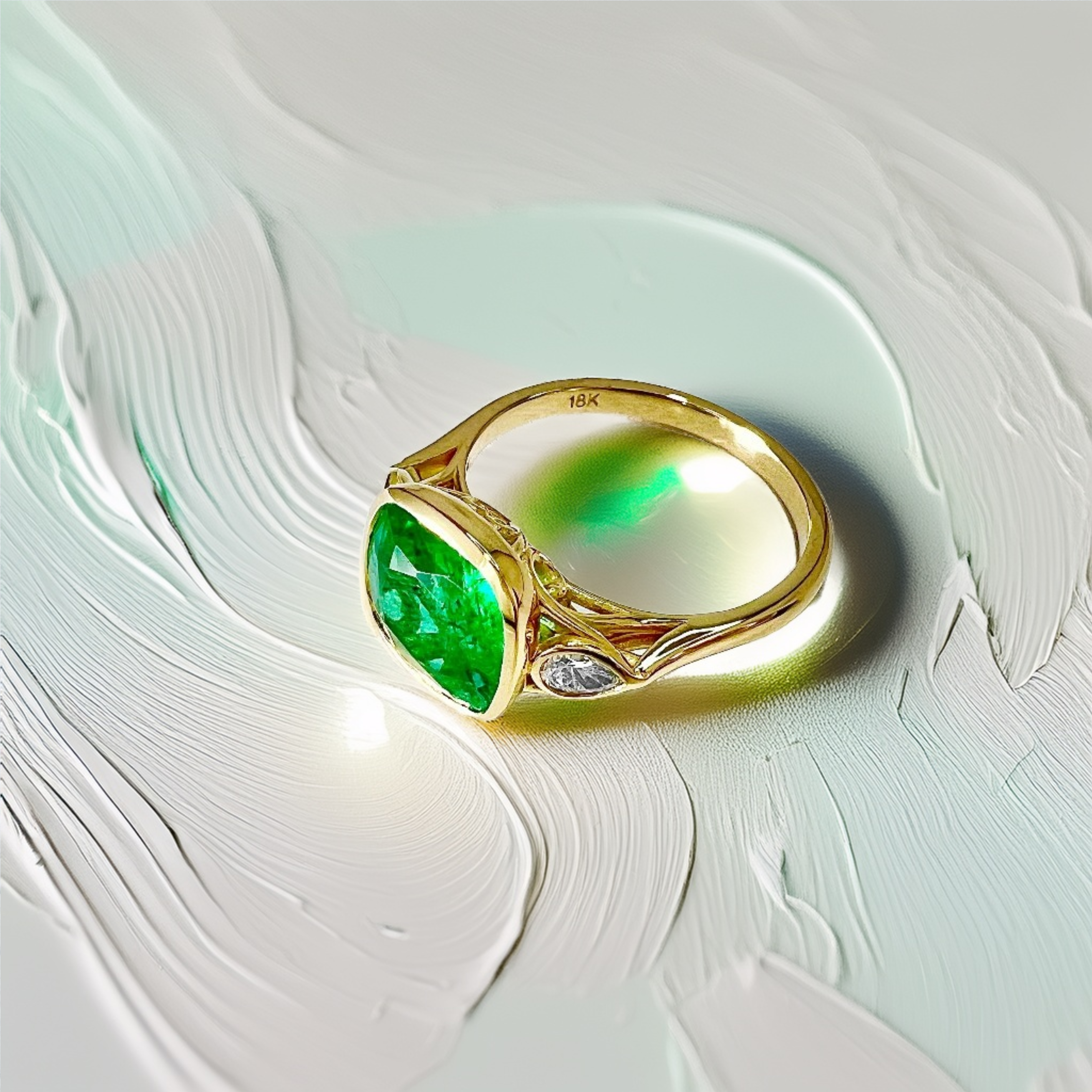 3-Carat Cushion-Cut Zambian Emerald Three-Stone Engagement Ring in 18kt Yellow Gold