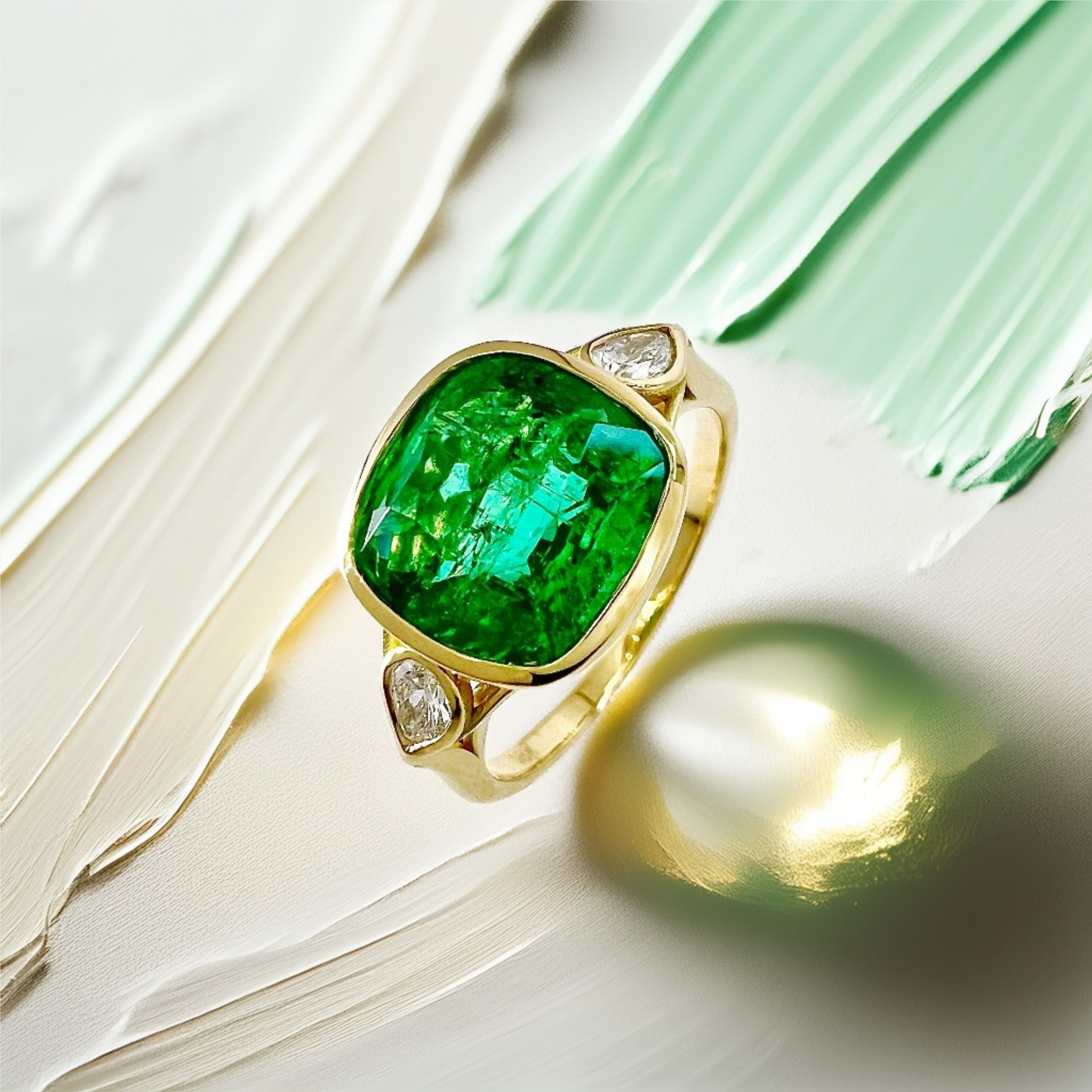 3-Carat Cushion-Cut Zambian Emerald Three-Stone Engagement Ring in 18kt Yellow Gold