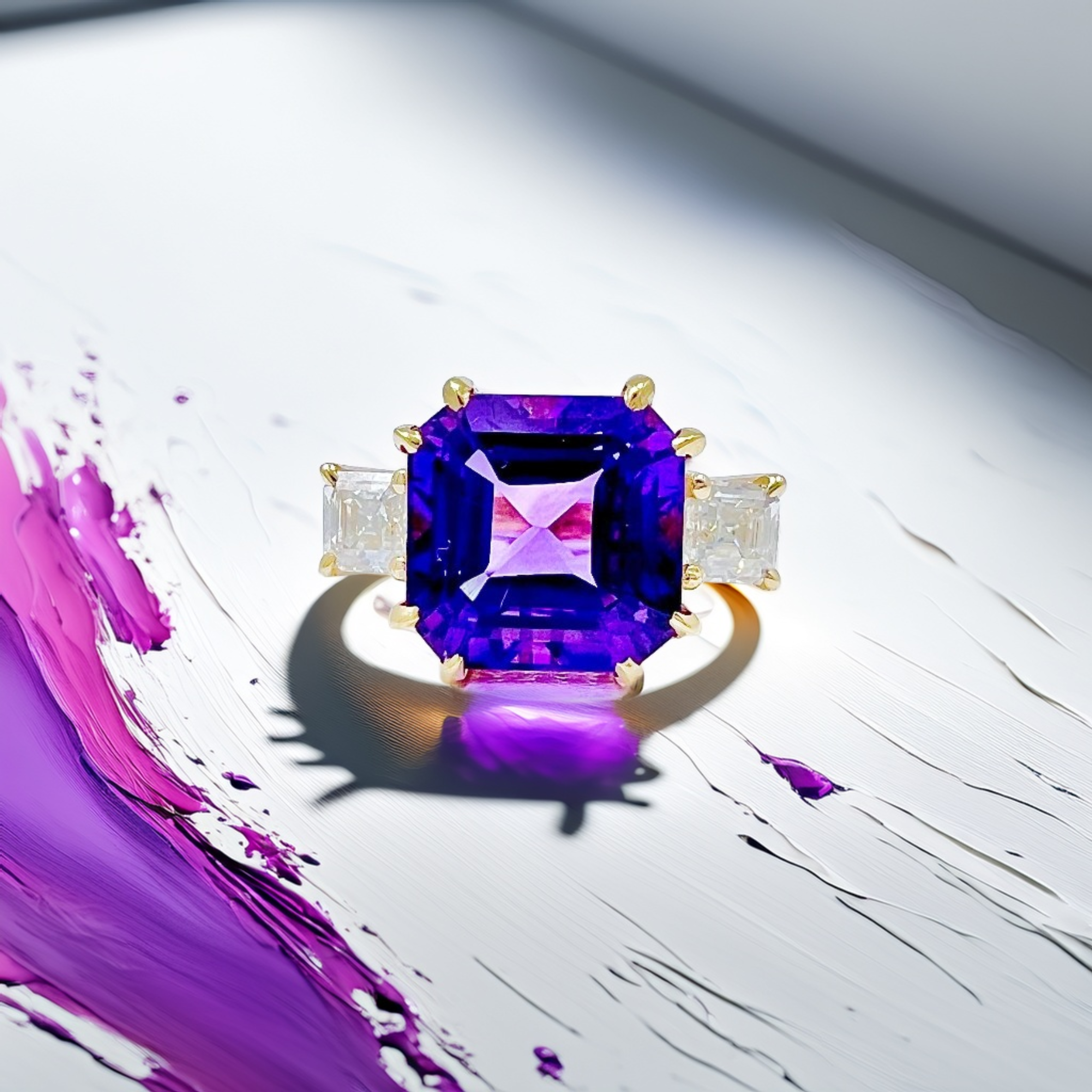 3-Stone Asscher-Cut Amethyst & Moissanite Ring