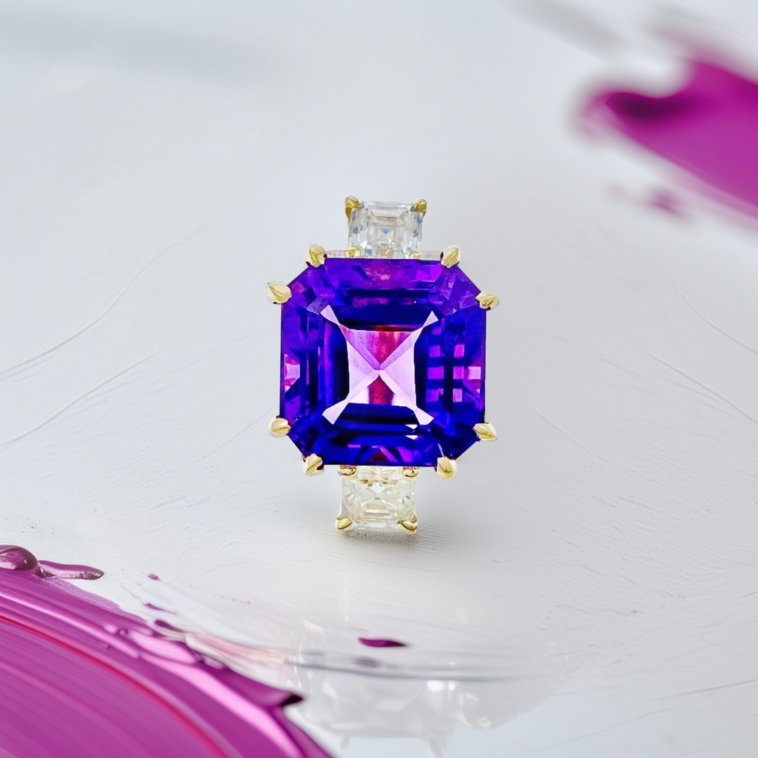 3-Stone Asscher-Cut Amethyst & Moissanite Ring