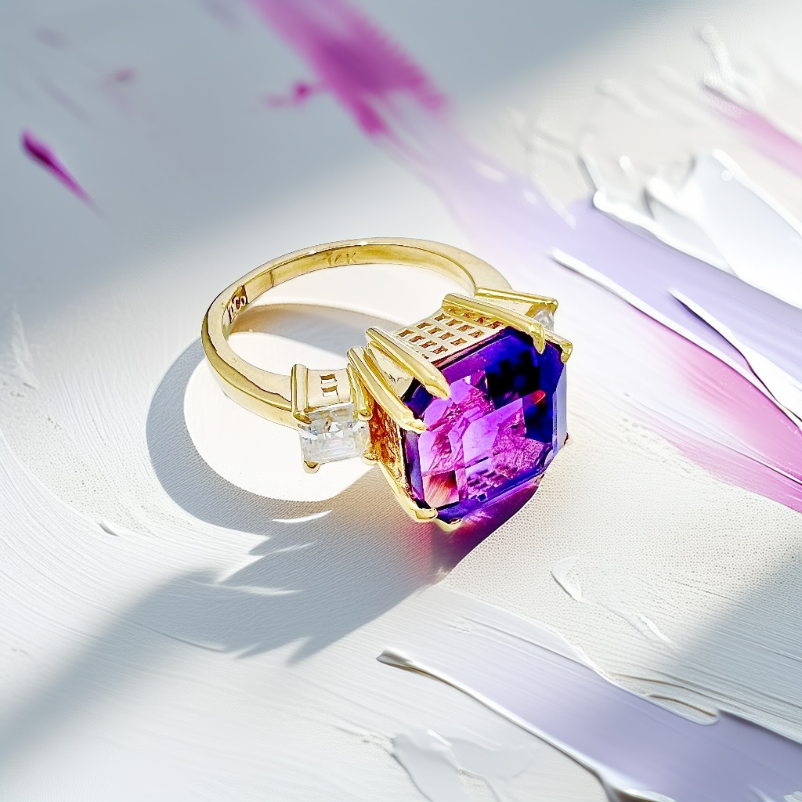 3-Stone Asscher-Cut Amethyst & Moissanite Ring