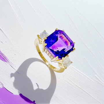 3-Stone Asscher-Cut Amethyst & Moissanite Ring