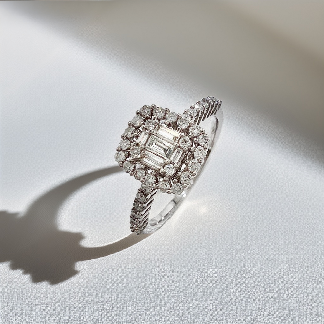 Baguette & Round Cluster Diamond Engagement Ring White Gold 1.05tcw