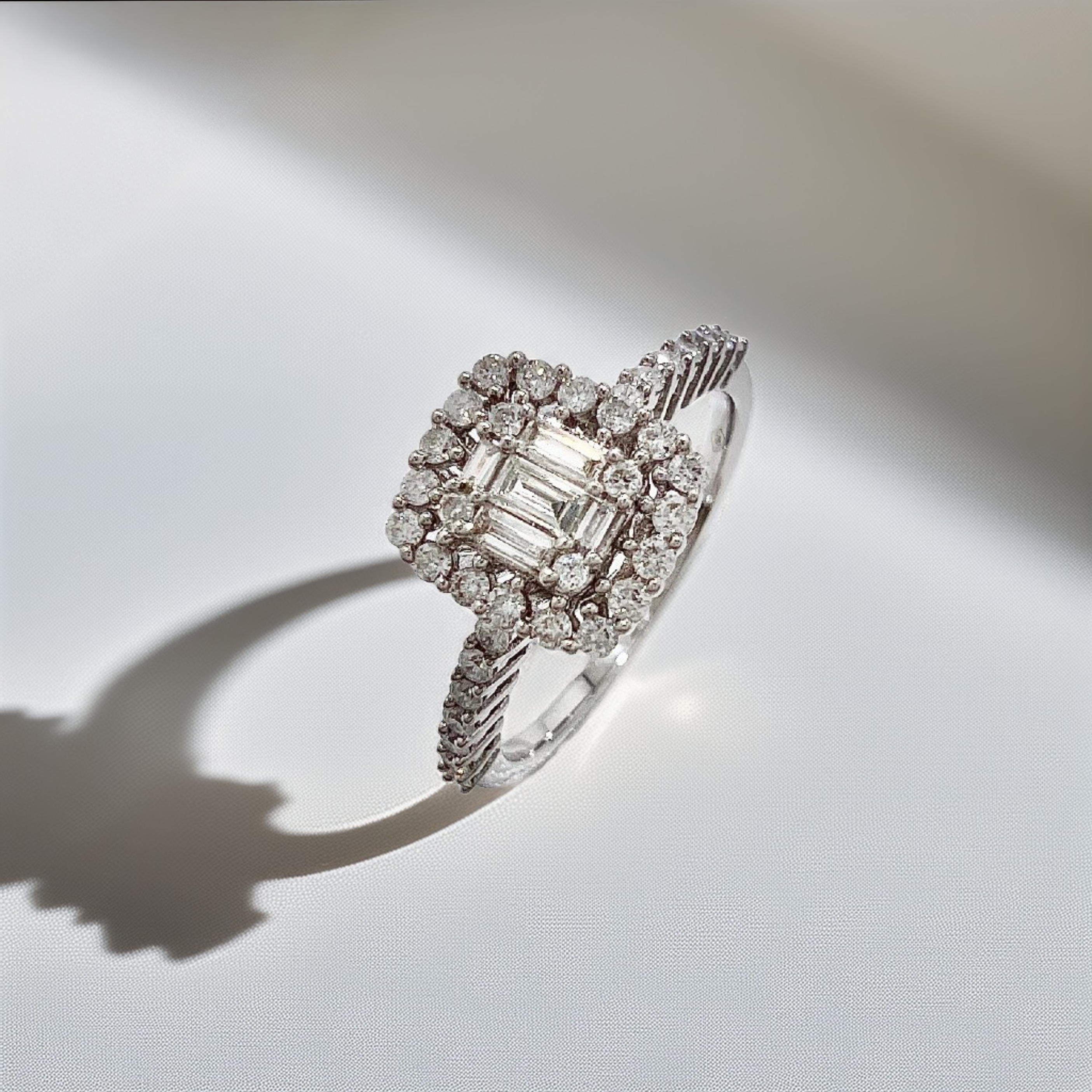 Baguette & Round Cluster Diamond Engagement Ring White Gold 1.05tcw