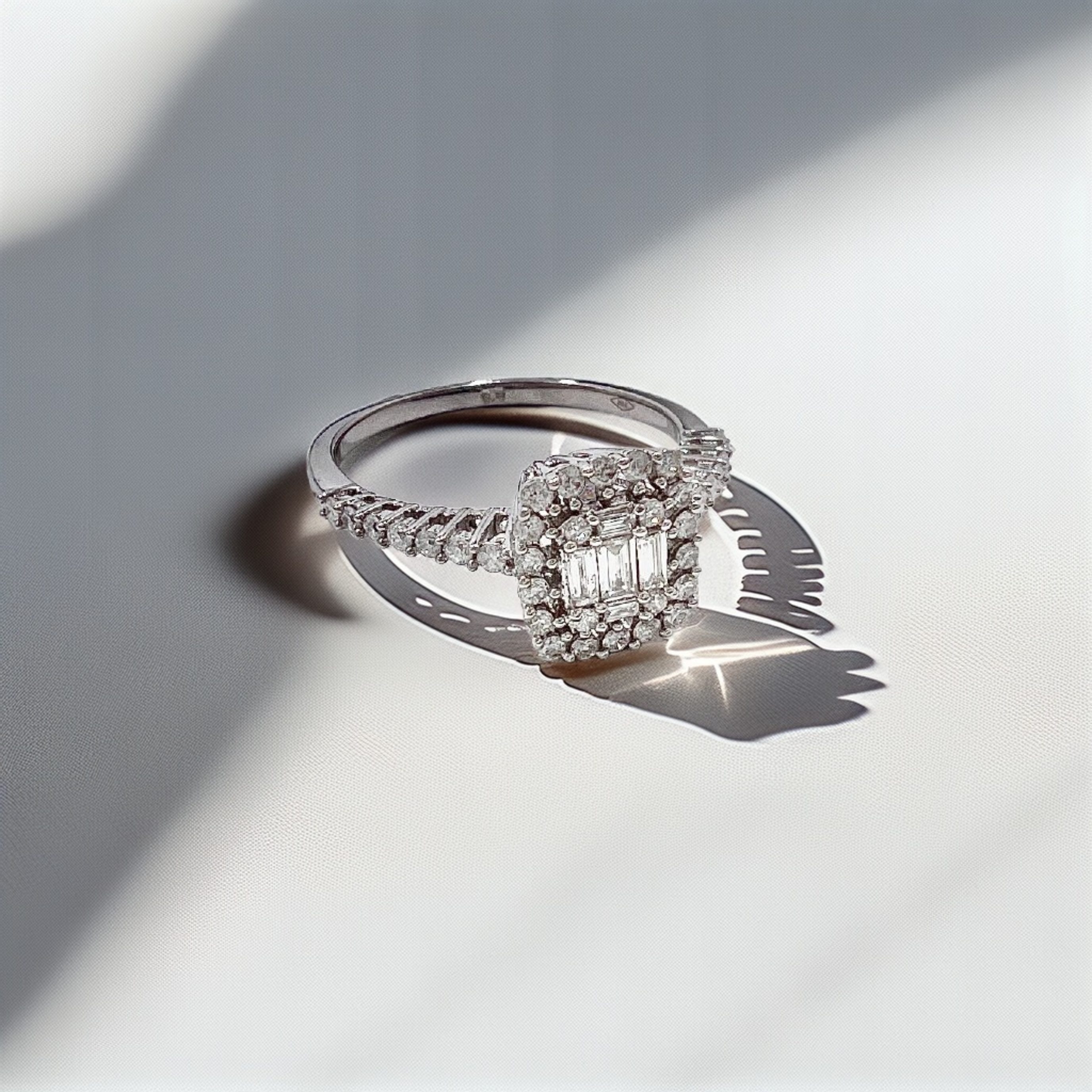 Baguette & Round Cluster Diamond Engagement Ring White Gold 1.05tcw