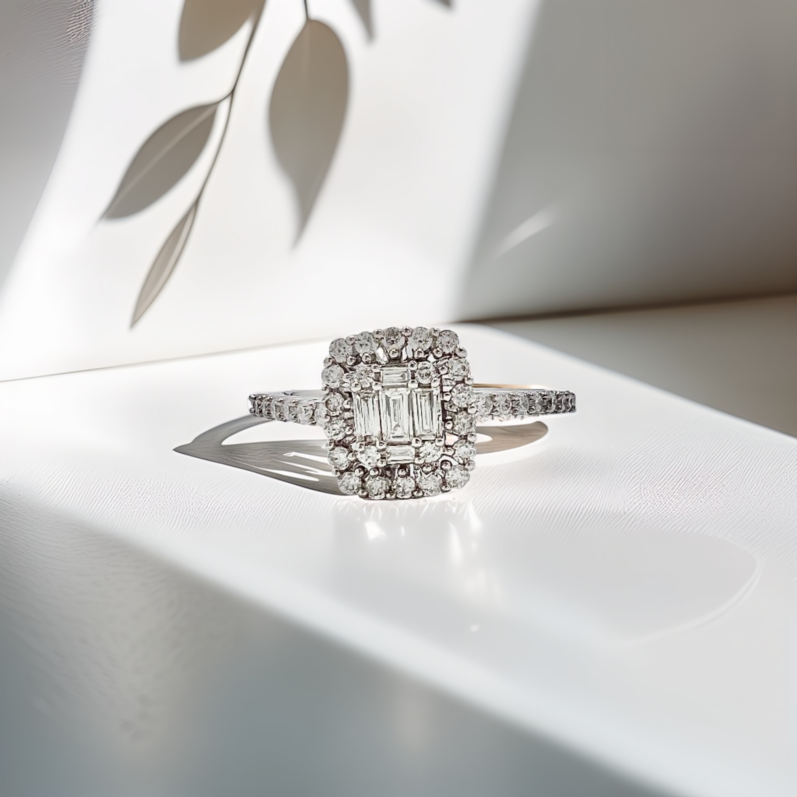 Baguette & Round Cluster Diamond Engagement Ring White Gold 1.05tcw