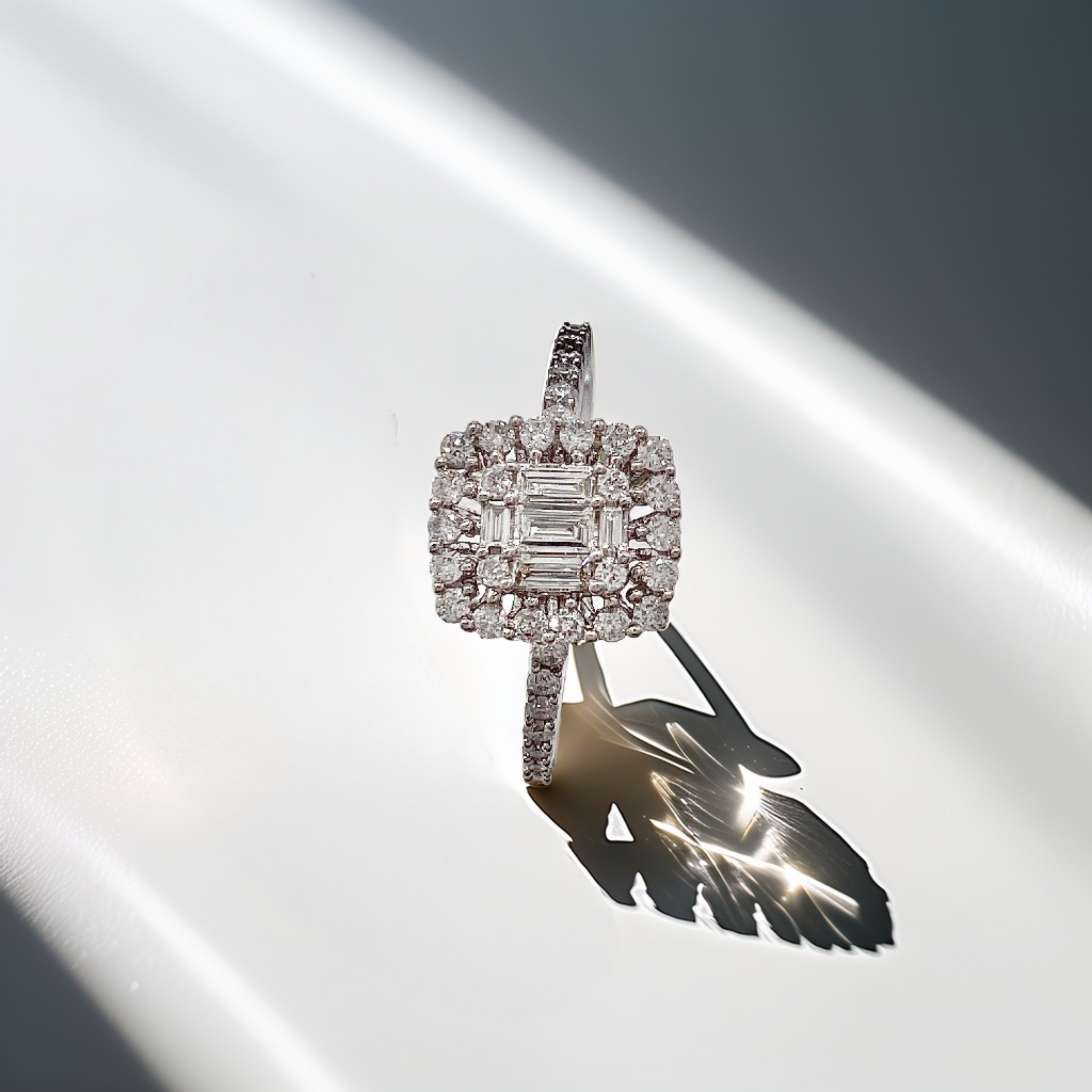 Baguette & Round Cluster Diamond Engagement Ring White Gold 1.05tcw