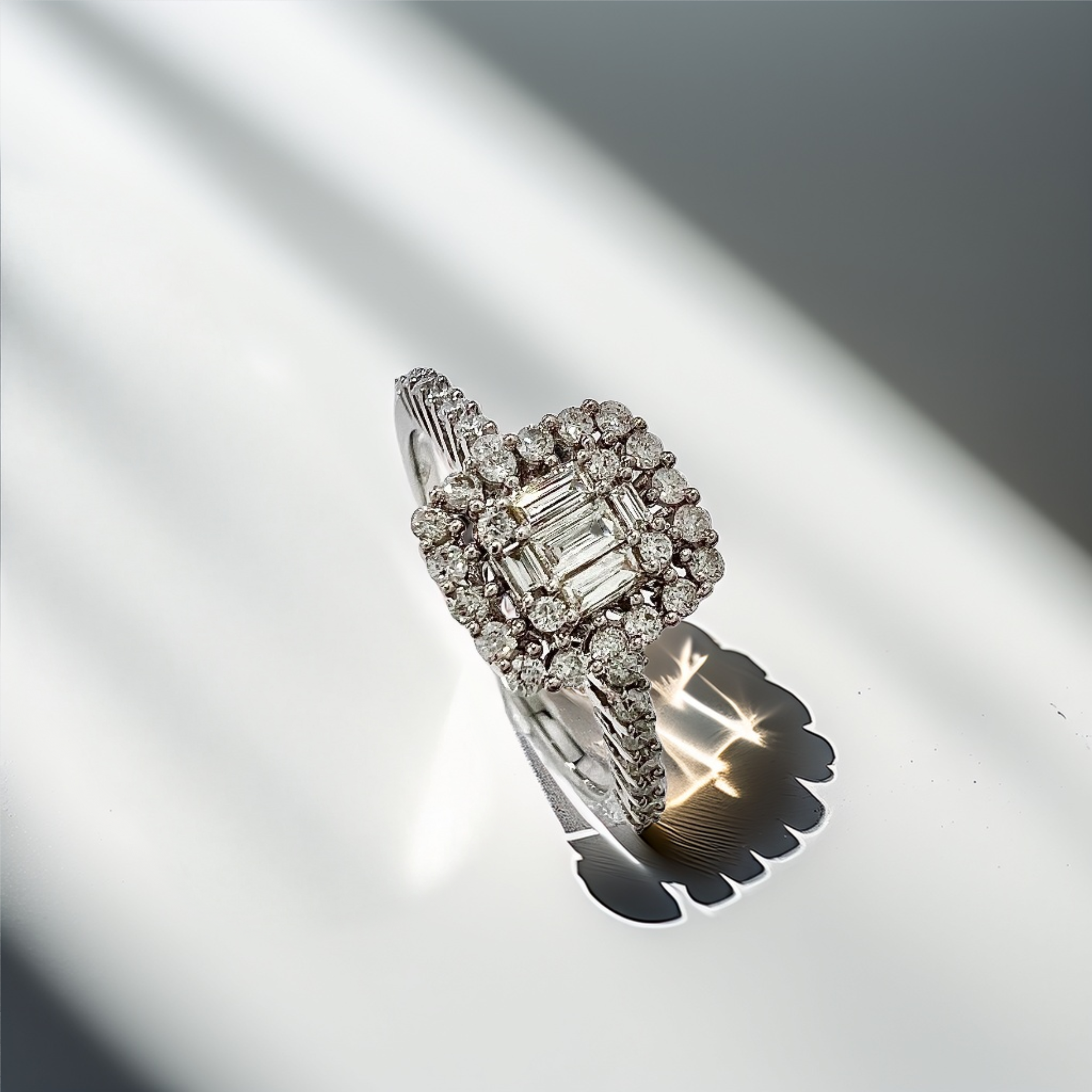 Baguette & Round Cluster Diamond Engagement Ring White Gold 1.05tcw