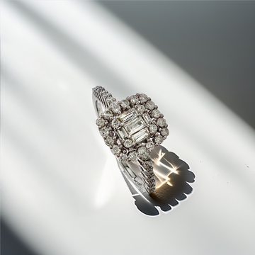 Baguette & Round Cluster Diamond Engagement Ring White Gold 1.05tcw