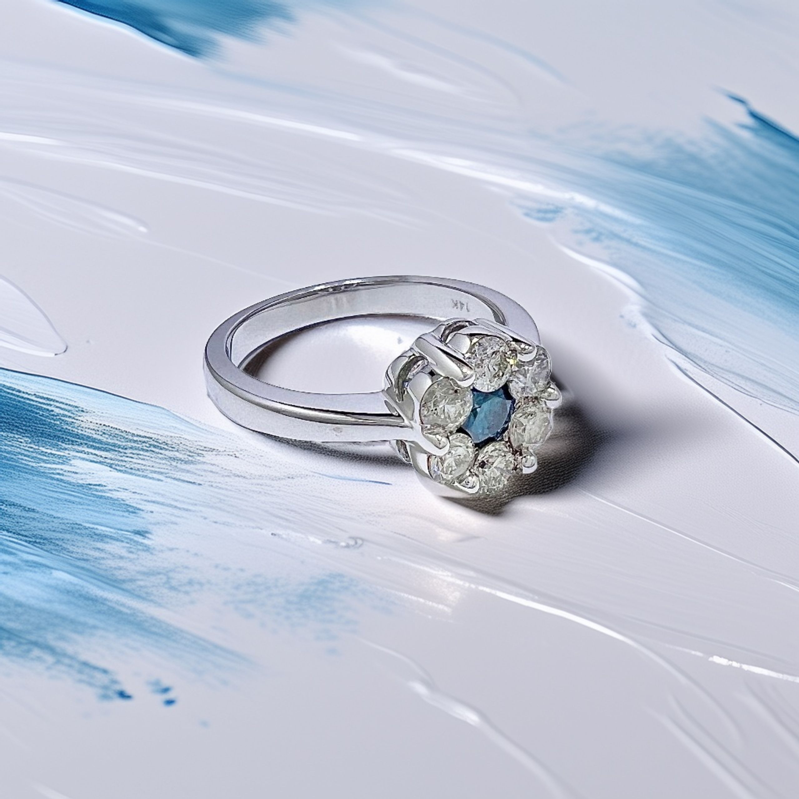 Blue & White Diamond Flower Ring