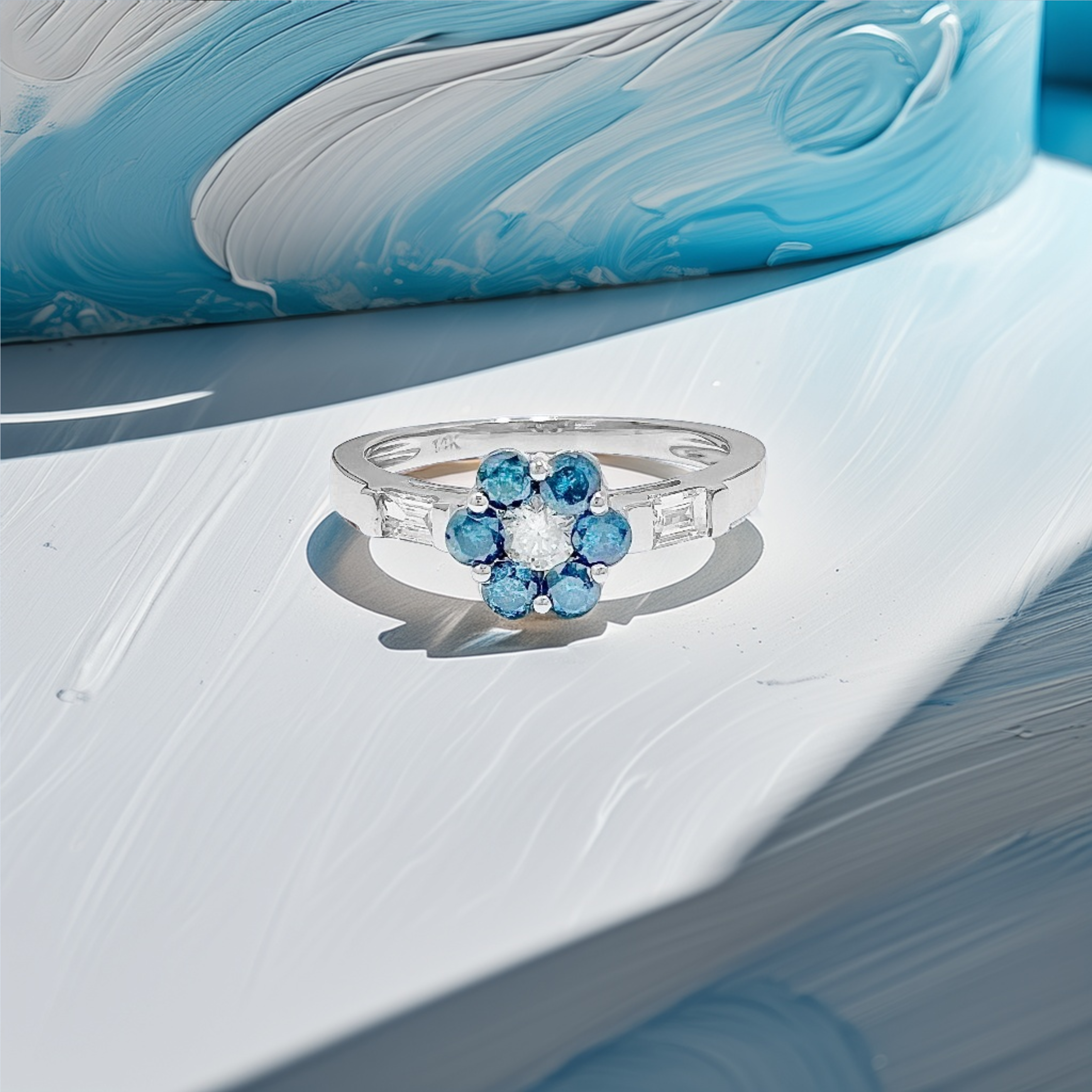 Flower Cluster Blue Diamond Ring 0.62tcw
