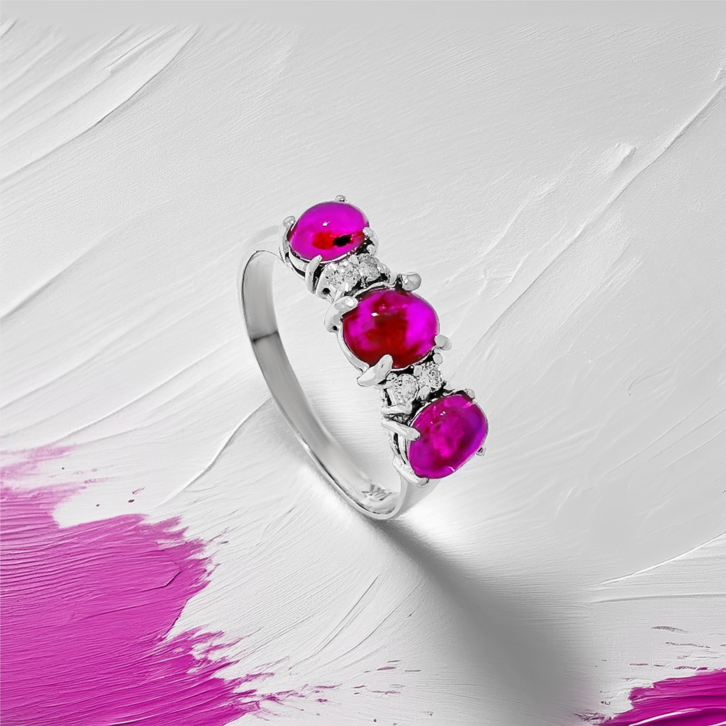 3-Stone Cabochon Ruby Diamond Ring