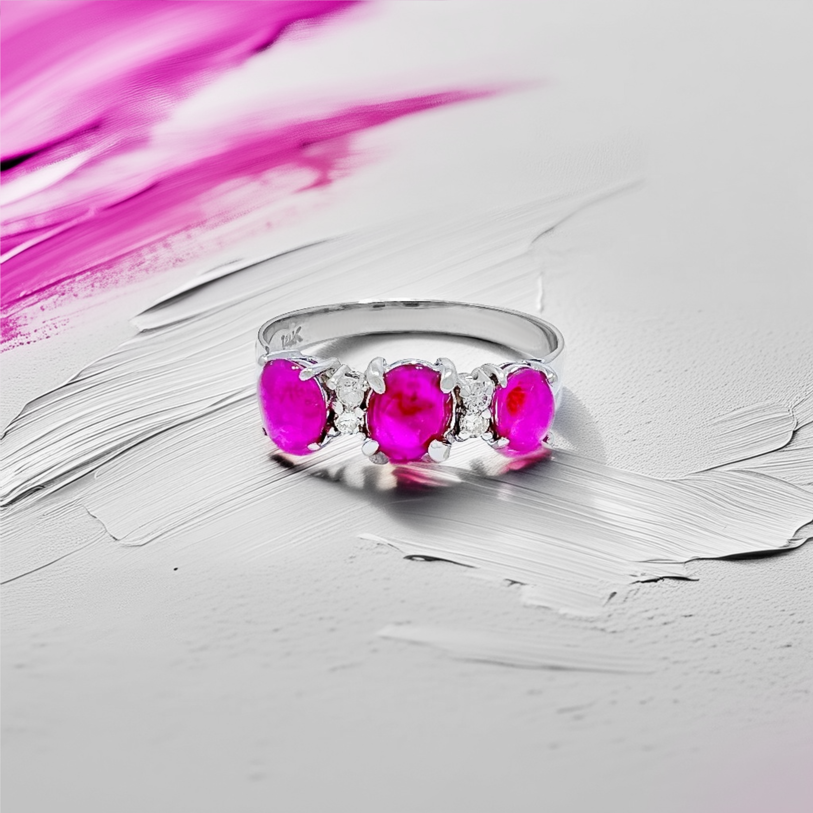 3-Stone Cabochon Ruby Diamond Ring