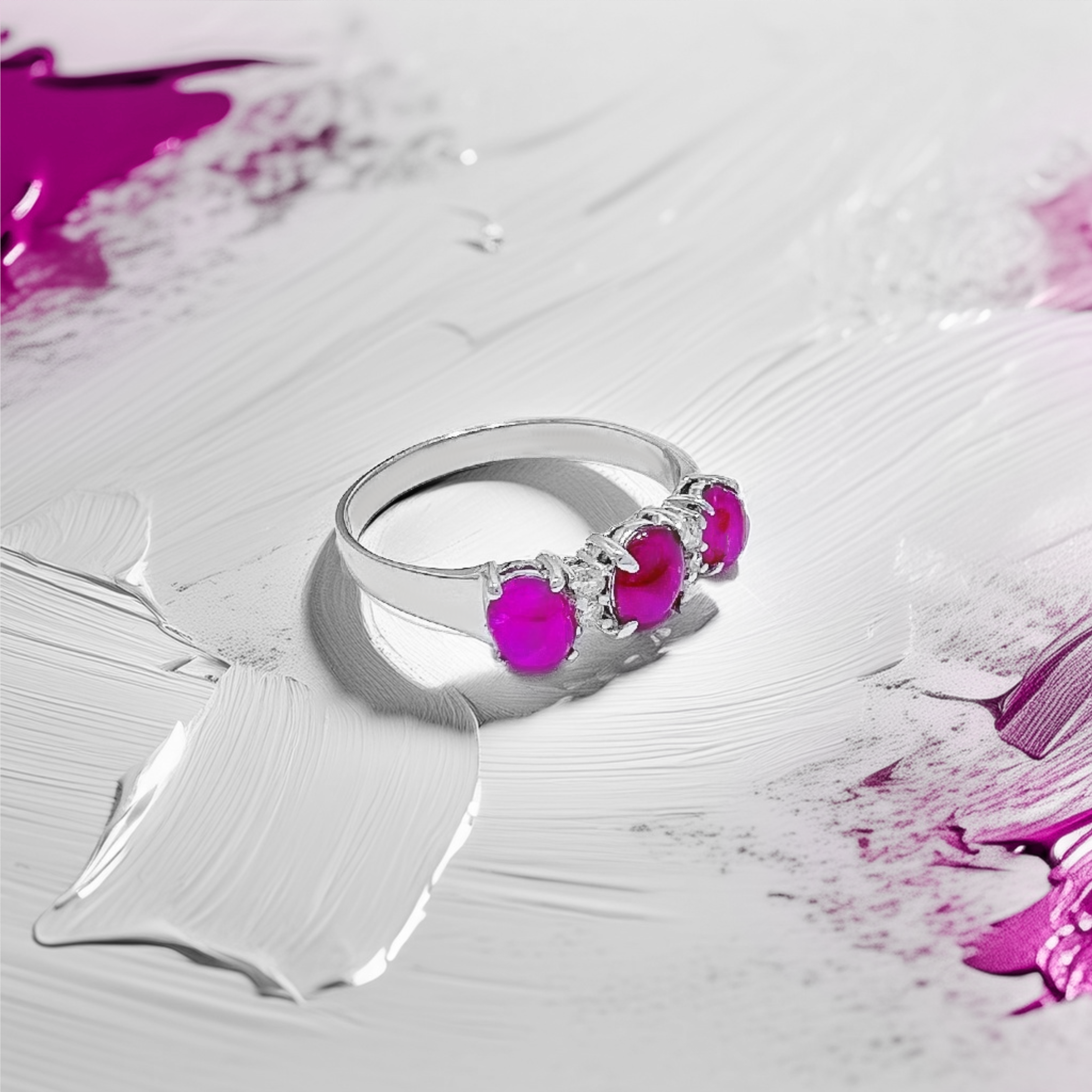 3-Stone Cabochon Ruby Diamond Ring