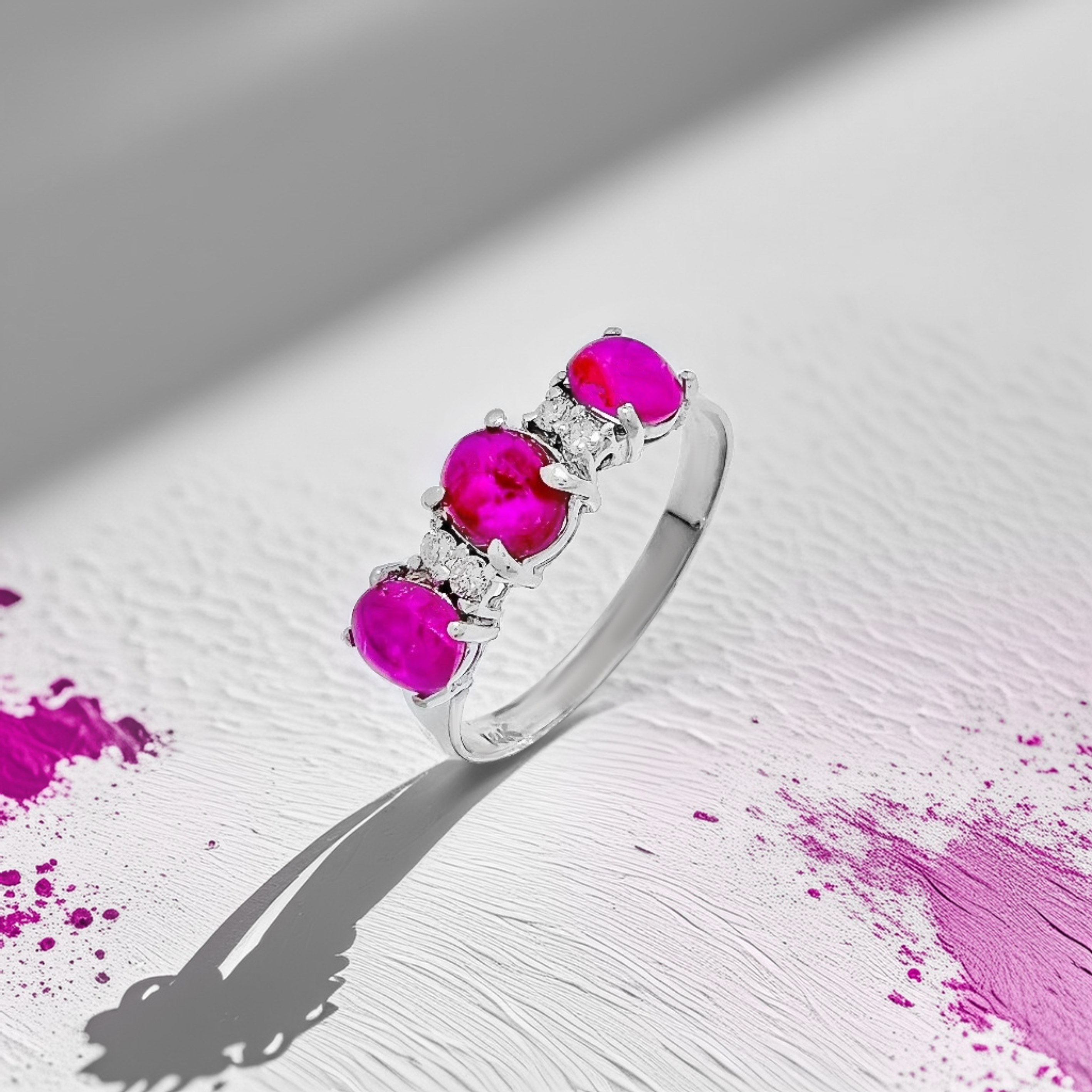 3-Stone Cabochon Ruby Diamond Ring