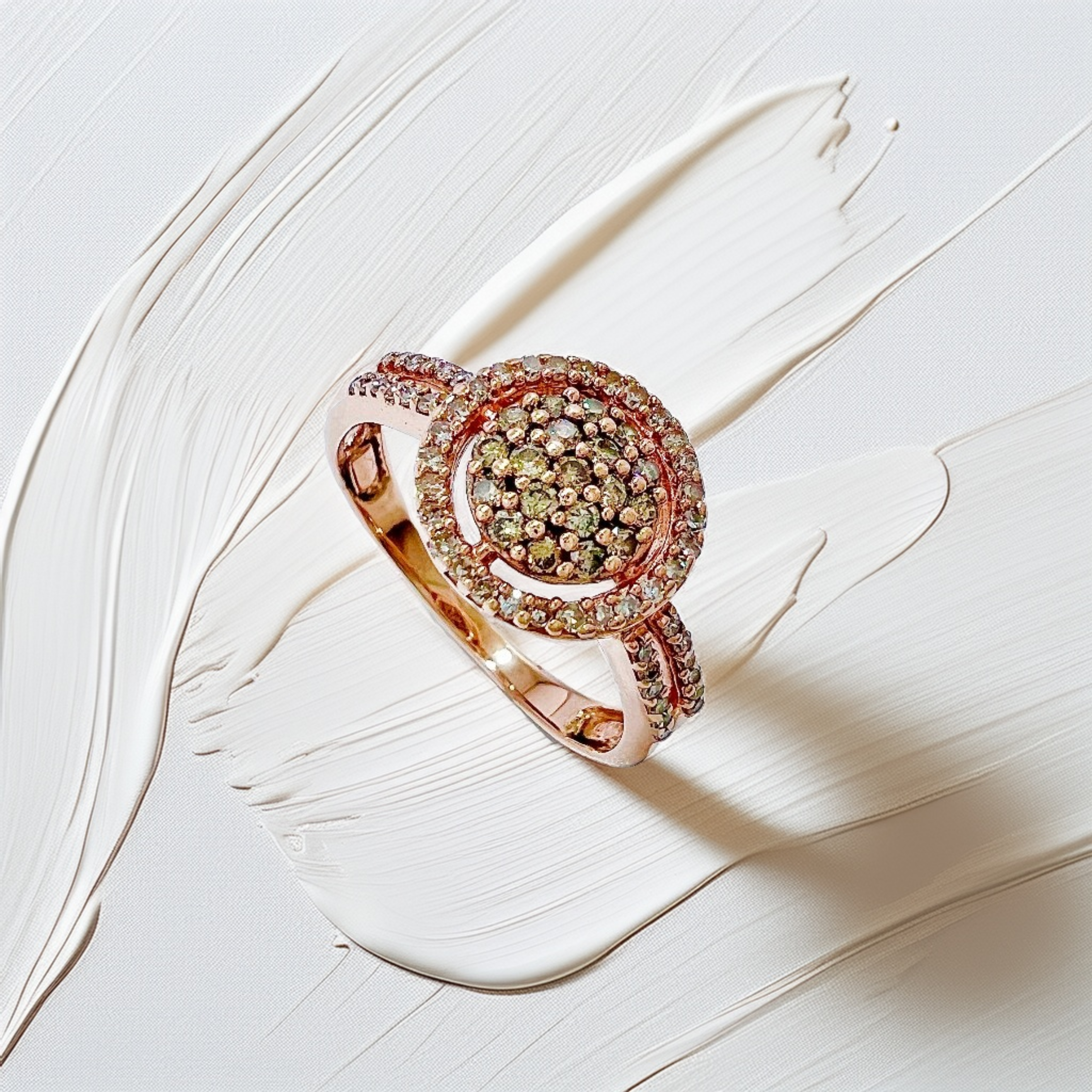 Champagne And White Diamond Cluster Halo Diamond Ring Rose Gold 0.50tcw