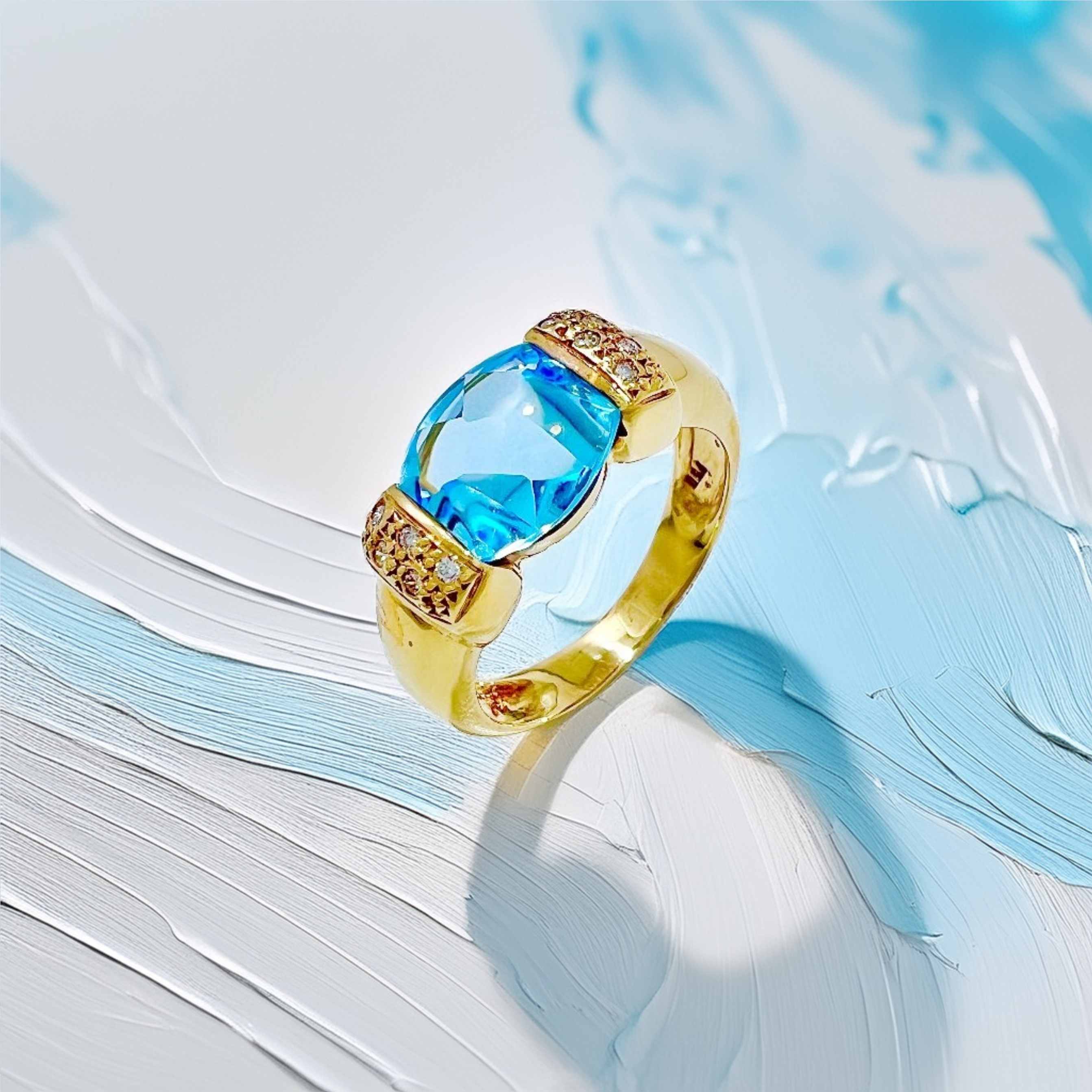 Faceted Cabochon Blue Topaz Diamond Ring