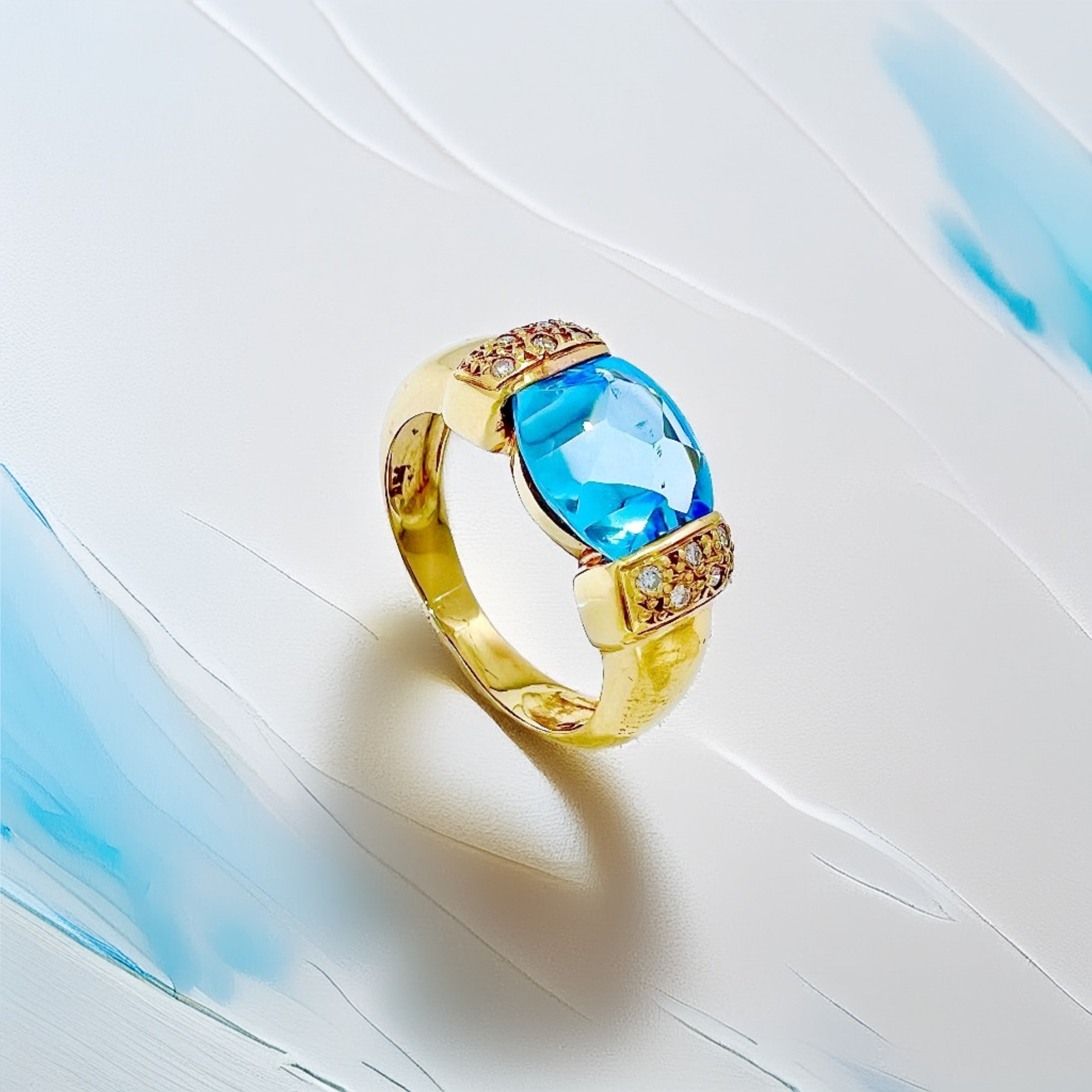 Faceted Cabochon Blue Topaz Diamond Ring