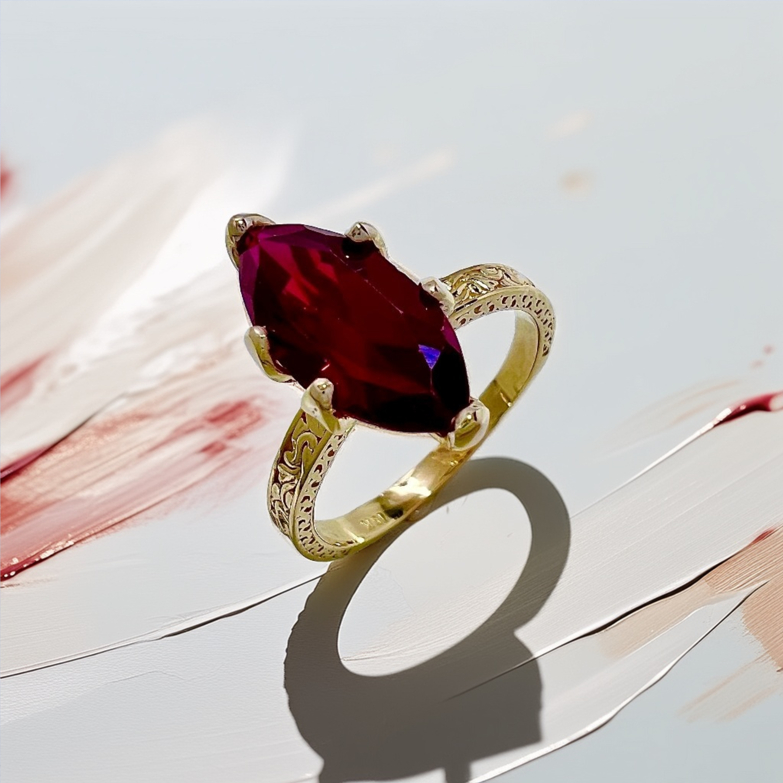 Marquise Ruby Engraved Ring | Statement Ring