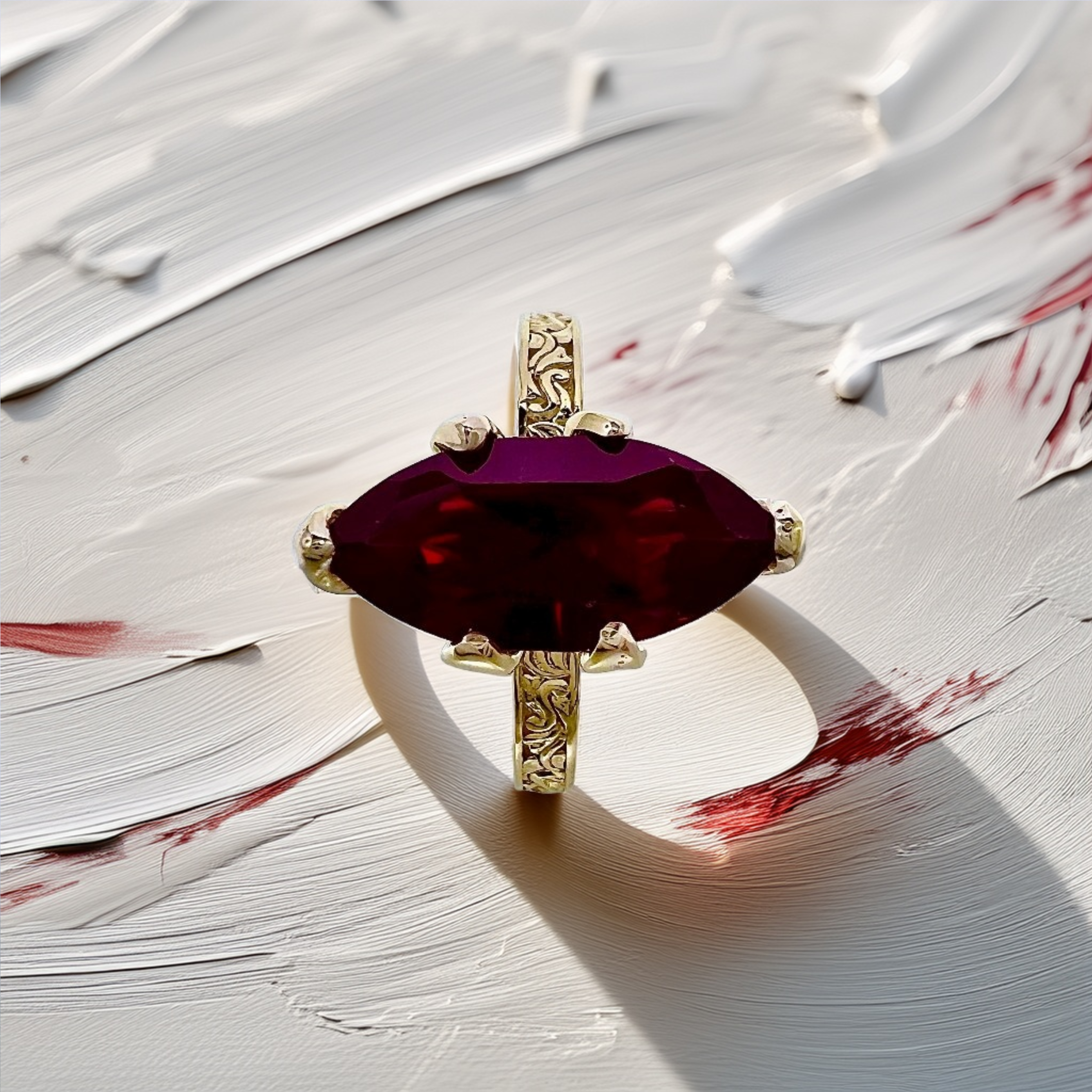 Marquise Ruby Engraved Ring | Statement Ring