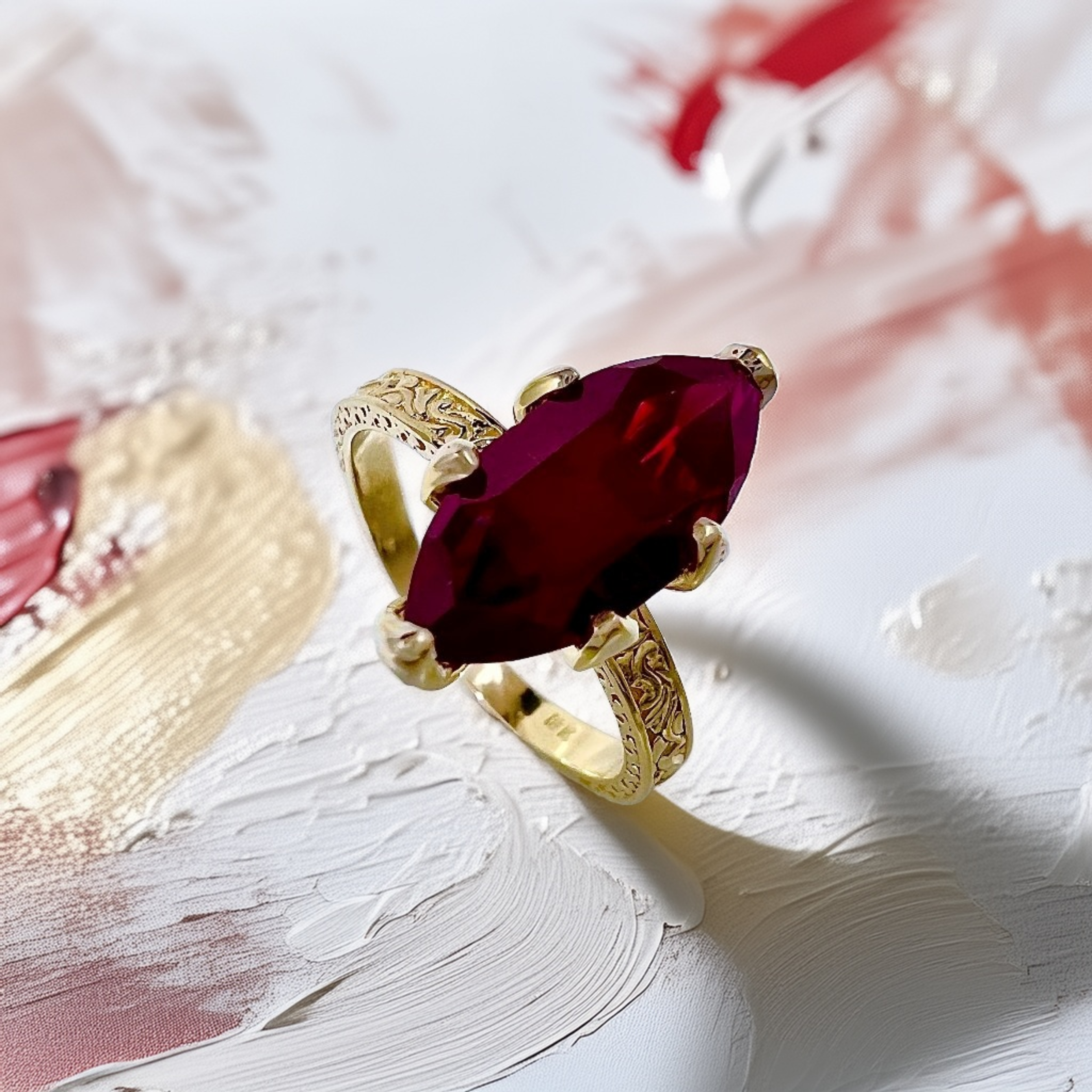 Marquise Ruby Engraved Ring | Statement Ring