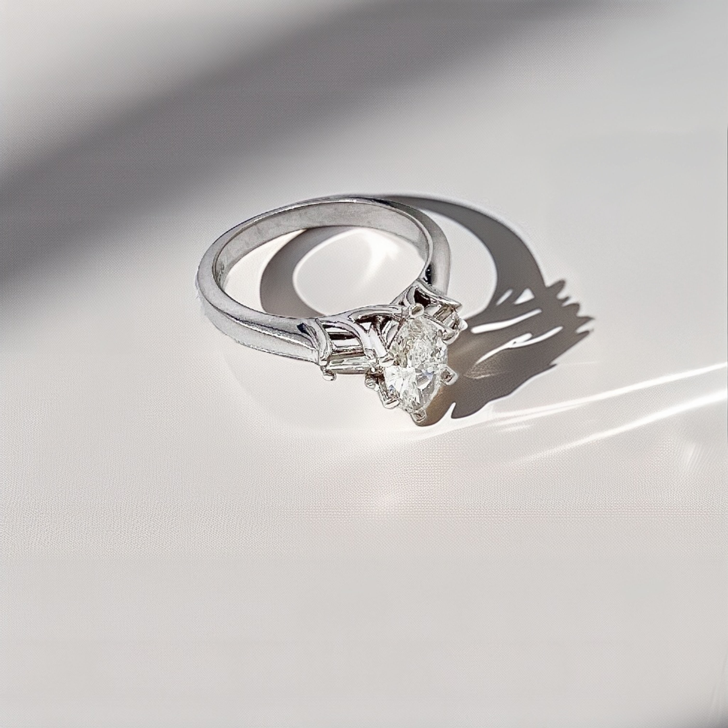 Marquise Baguette Three Stone Diamond Engagement Ring White Gold 1.04tcw