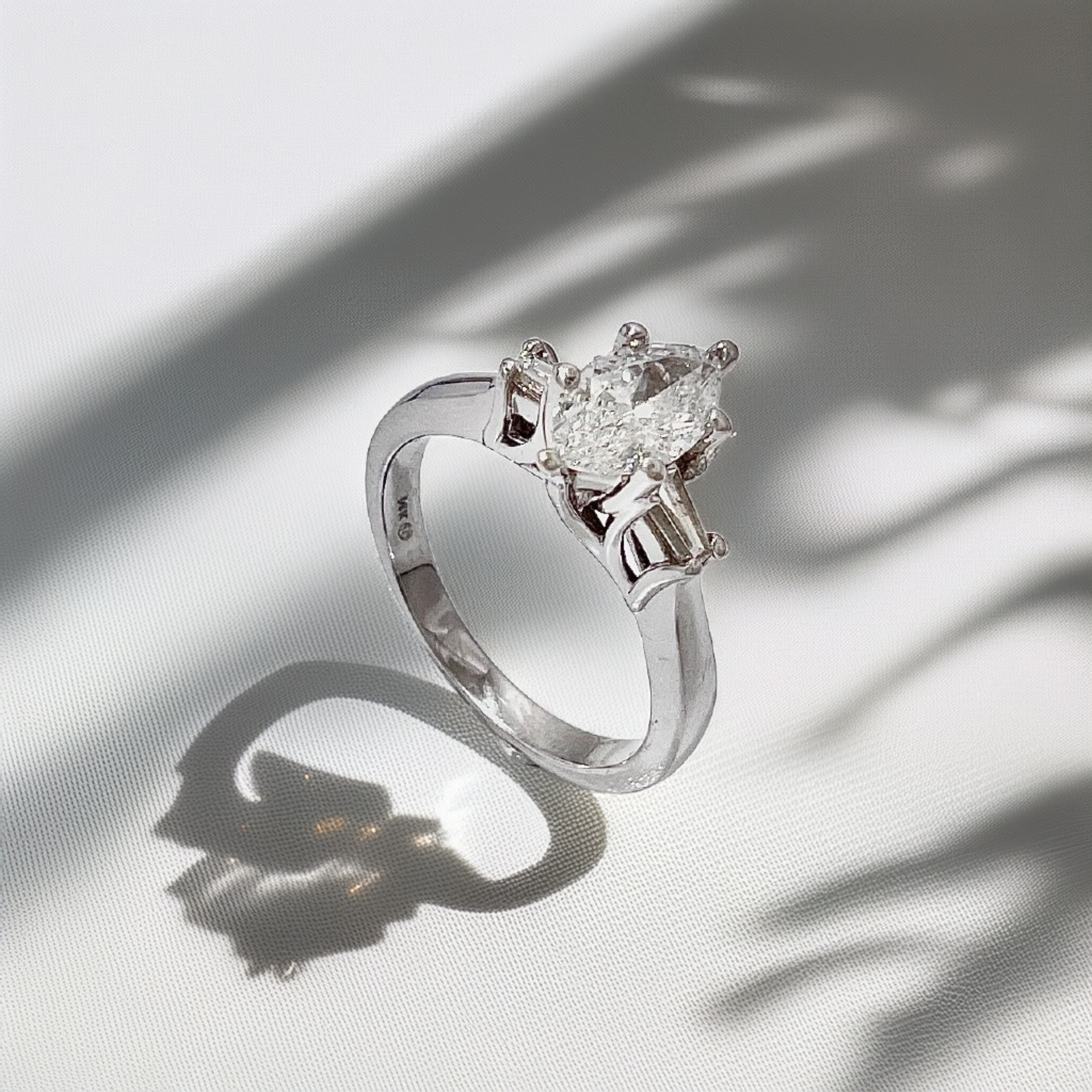 Marquise Baguette Three Stone Diamond Engagement Ring White Gold 1.04tcw