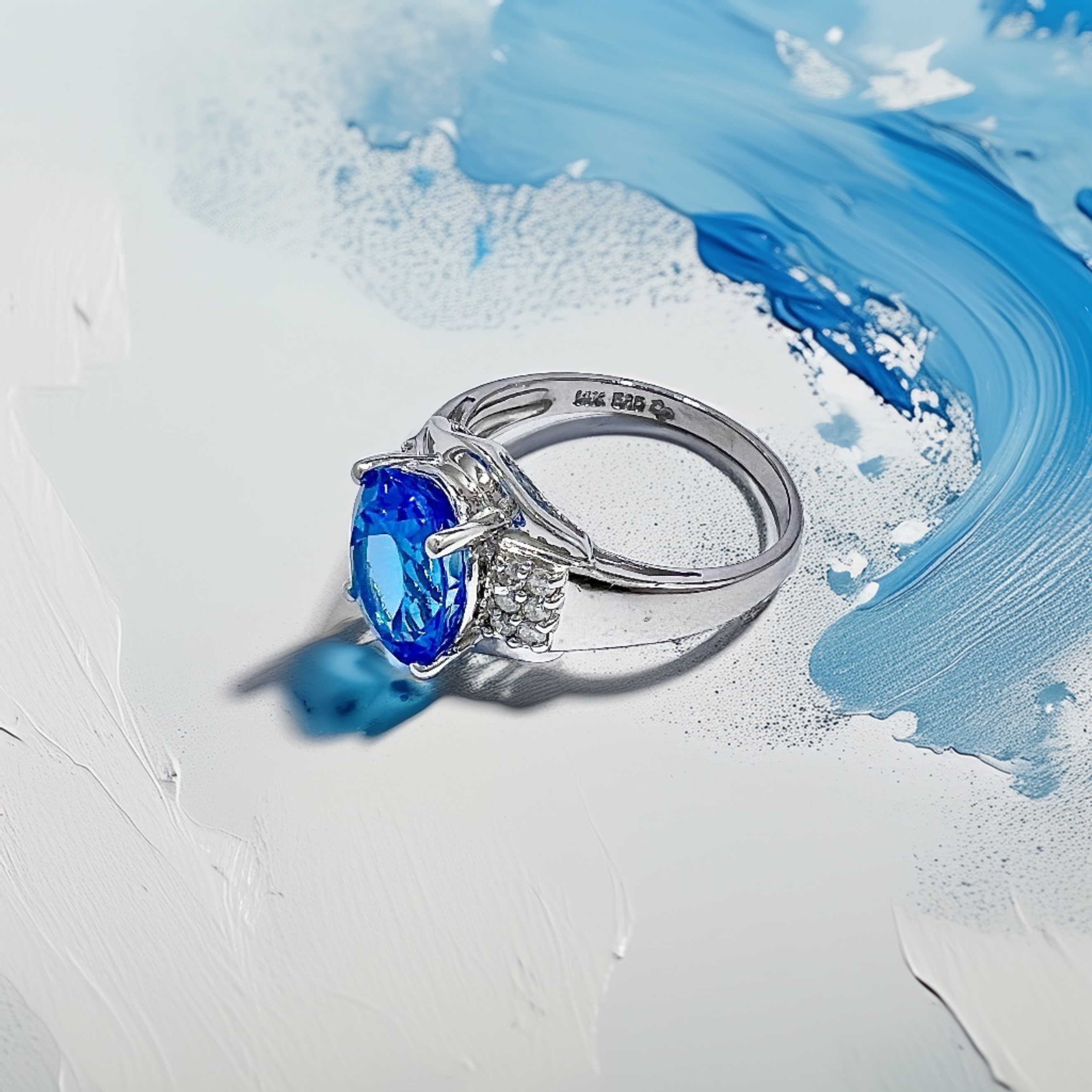 Oval-Shape Blue Topaz Diamond Ring