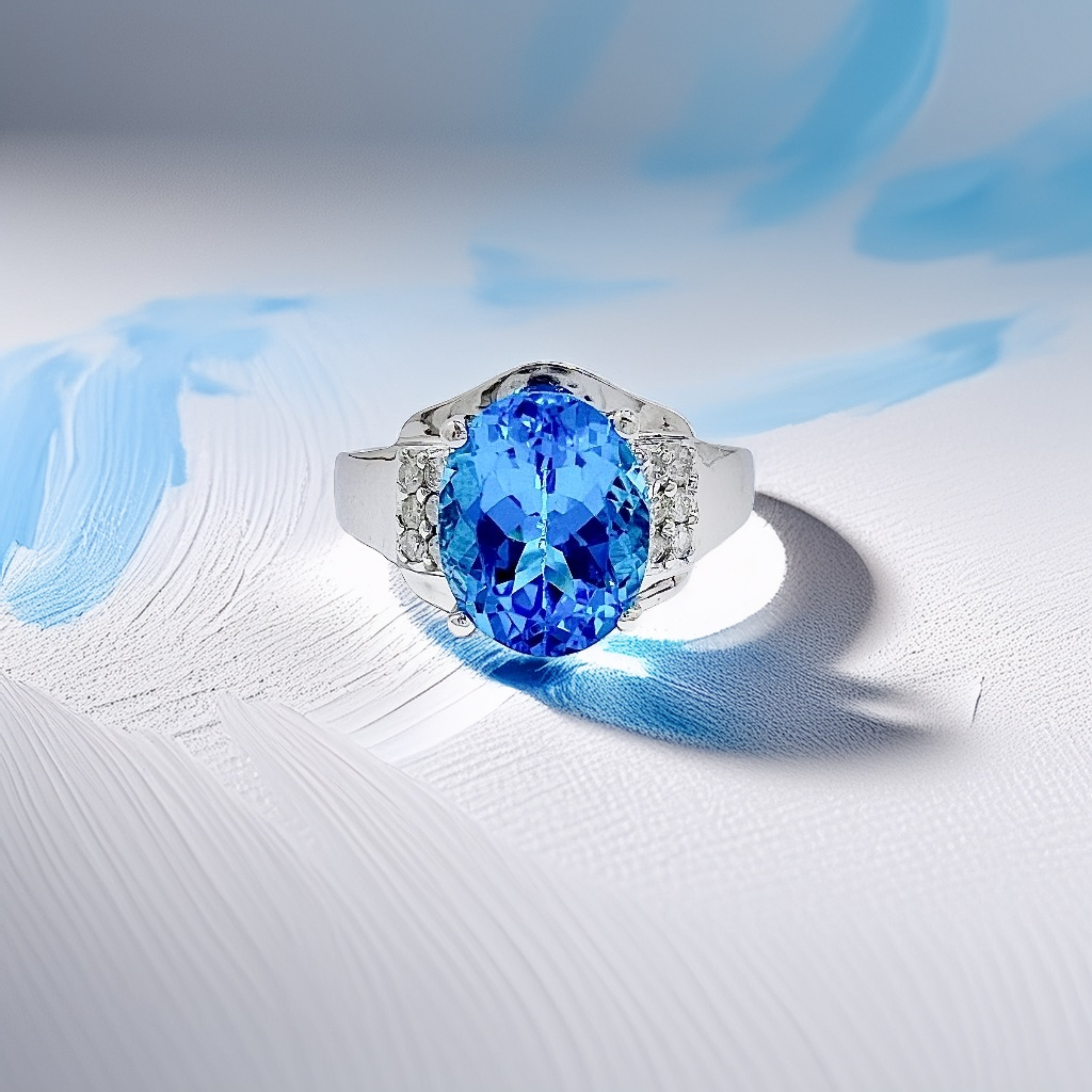 Oval-Shape Blue Topaz Diamond Ring