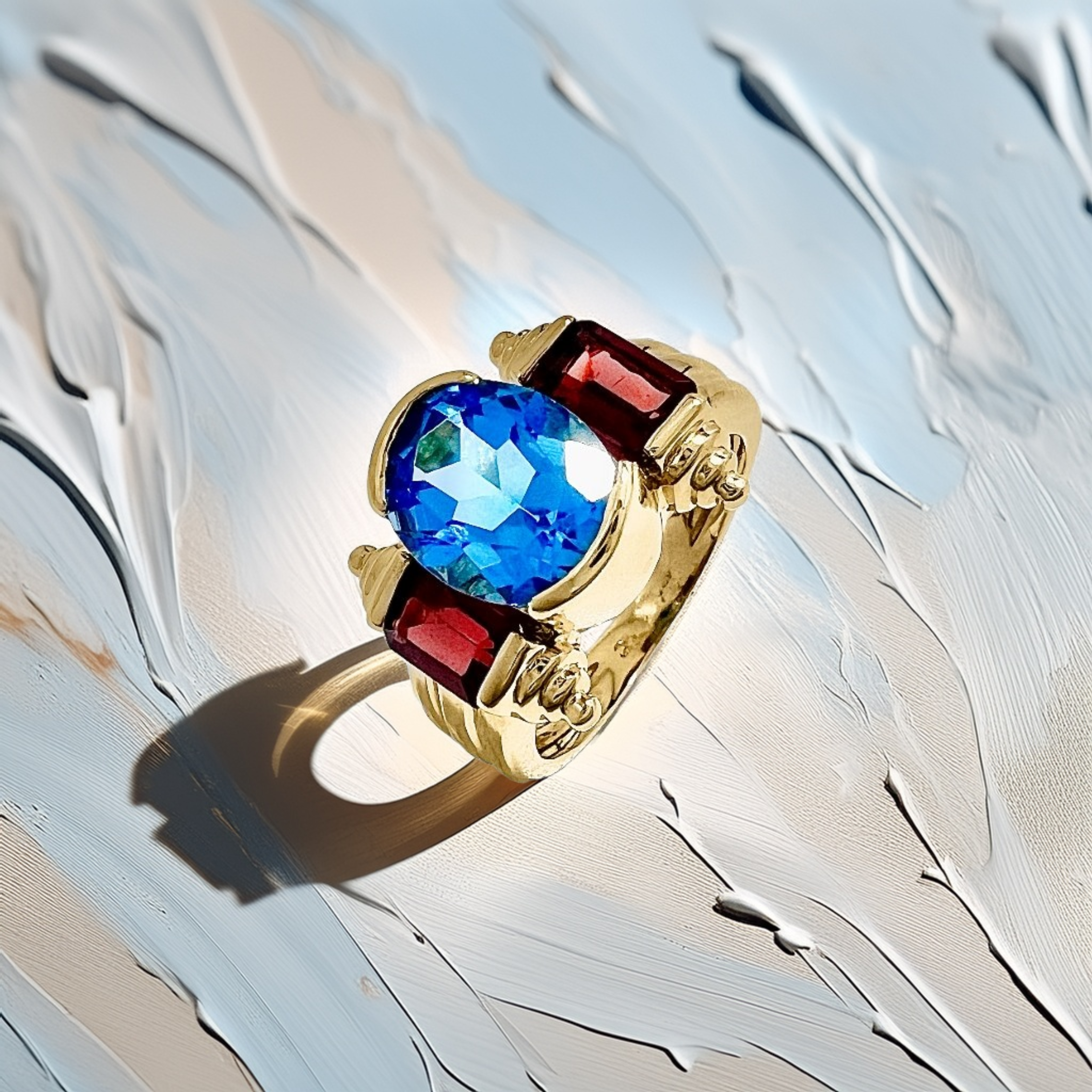Oval Blue Topaz Garnet Ring