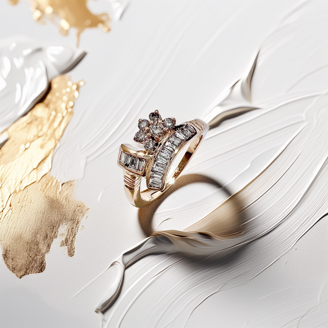 Tapered Baguette & Round Flower Diamond Ring