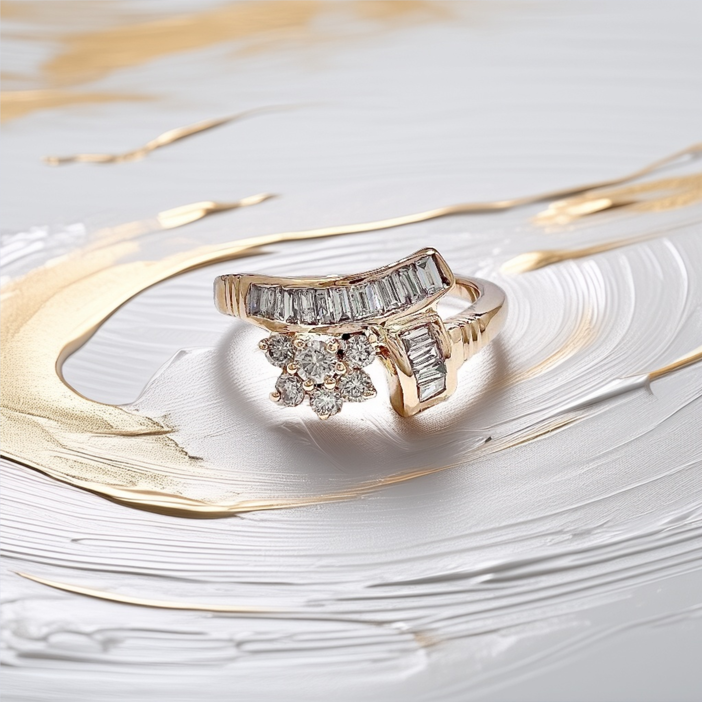 Tapered Baguette & Round Flower Diamond Ring