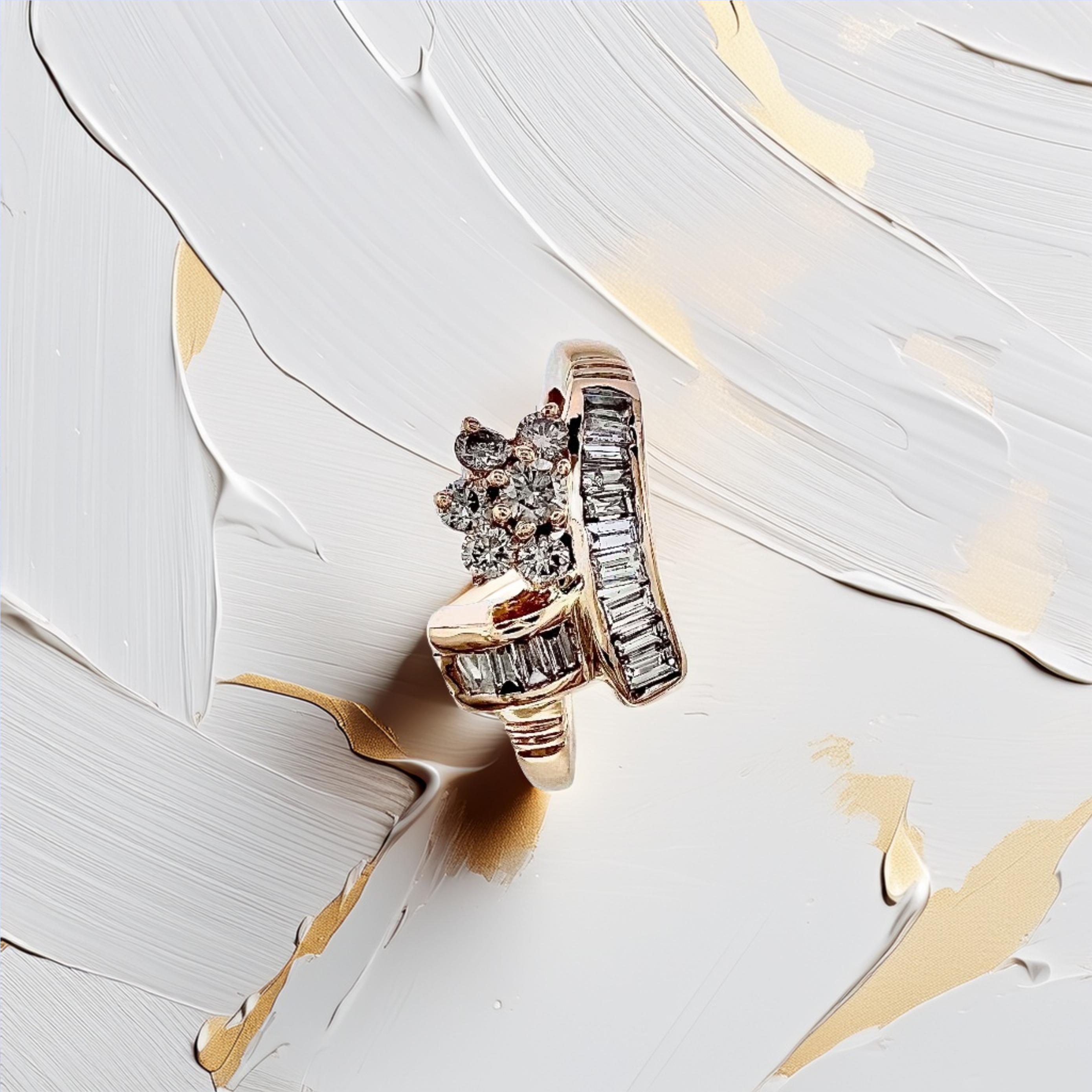 Tapered Baguette & Round Flower Diamond Ring