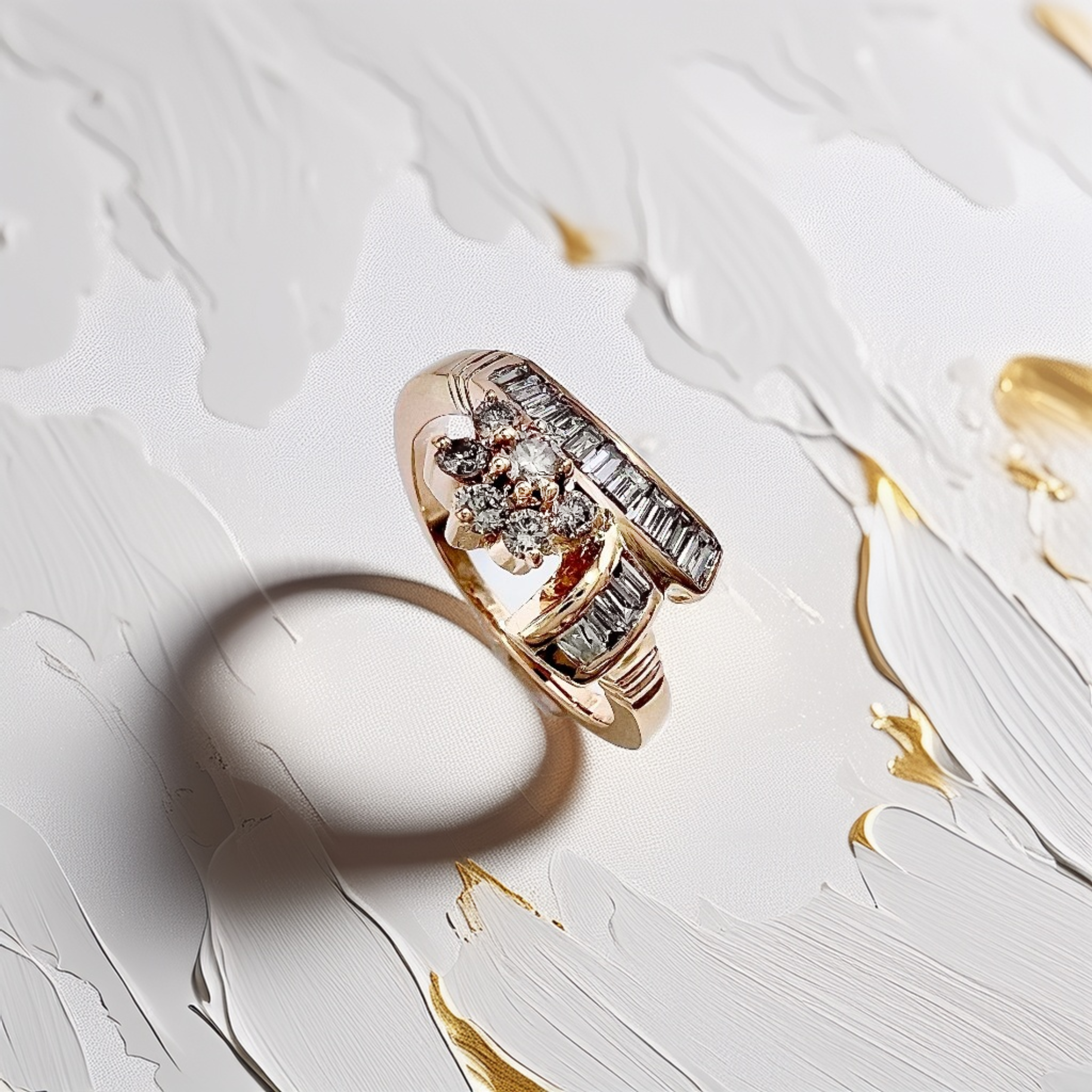 Tapered Baguette & Round Flower Diamond Ring