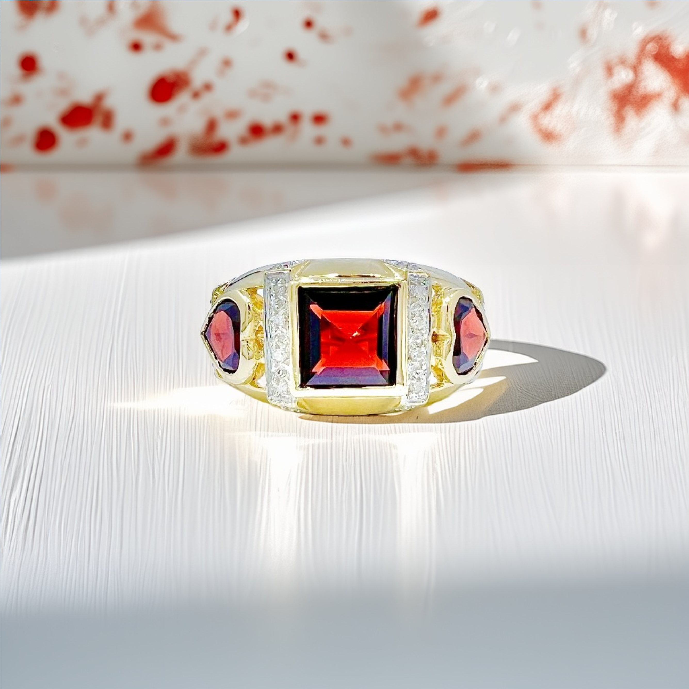 Square & Heart-Cut Garnet Diamond Ring