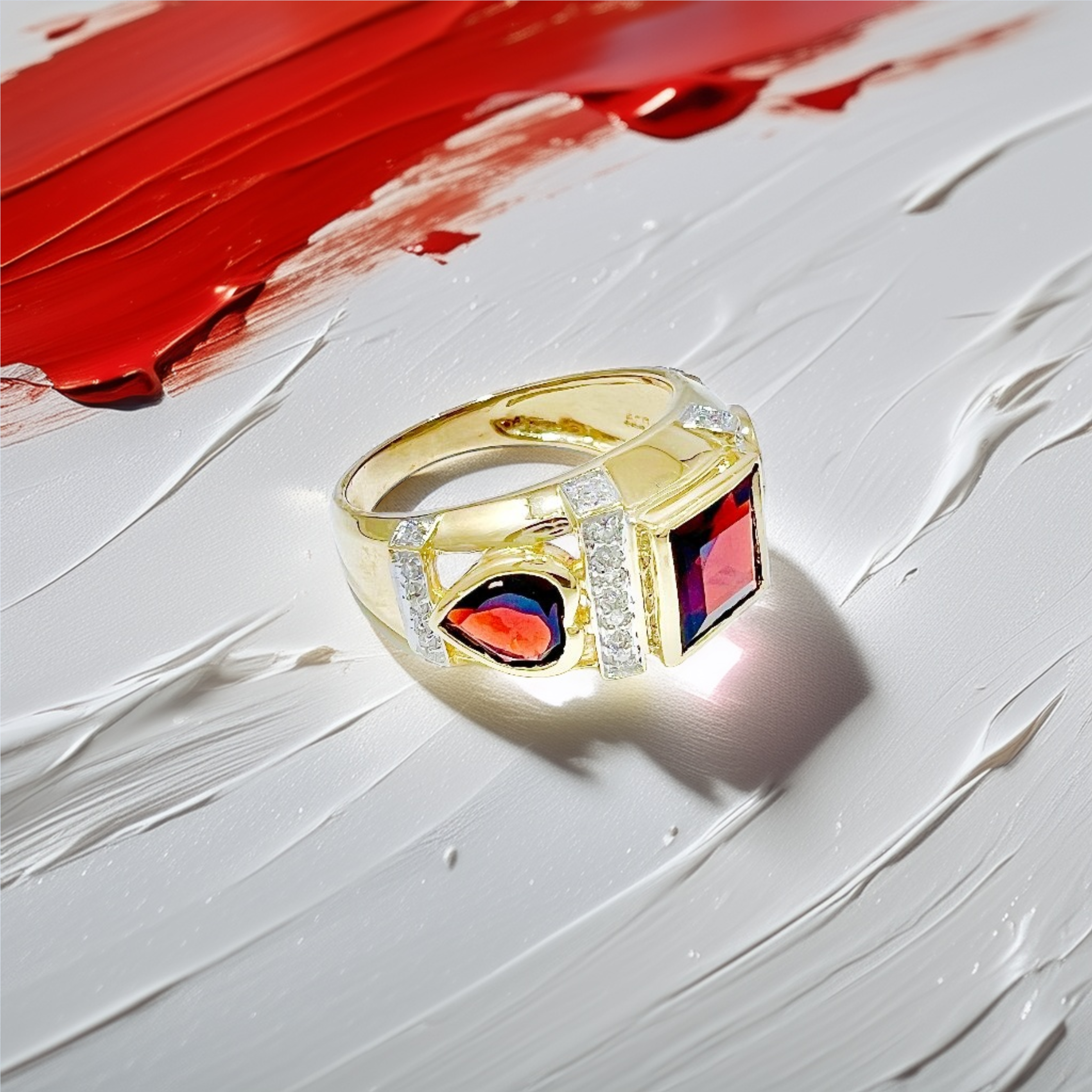 Square & Heart-Cut Garnet Diamond Ring