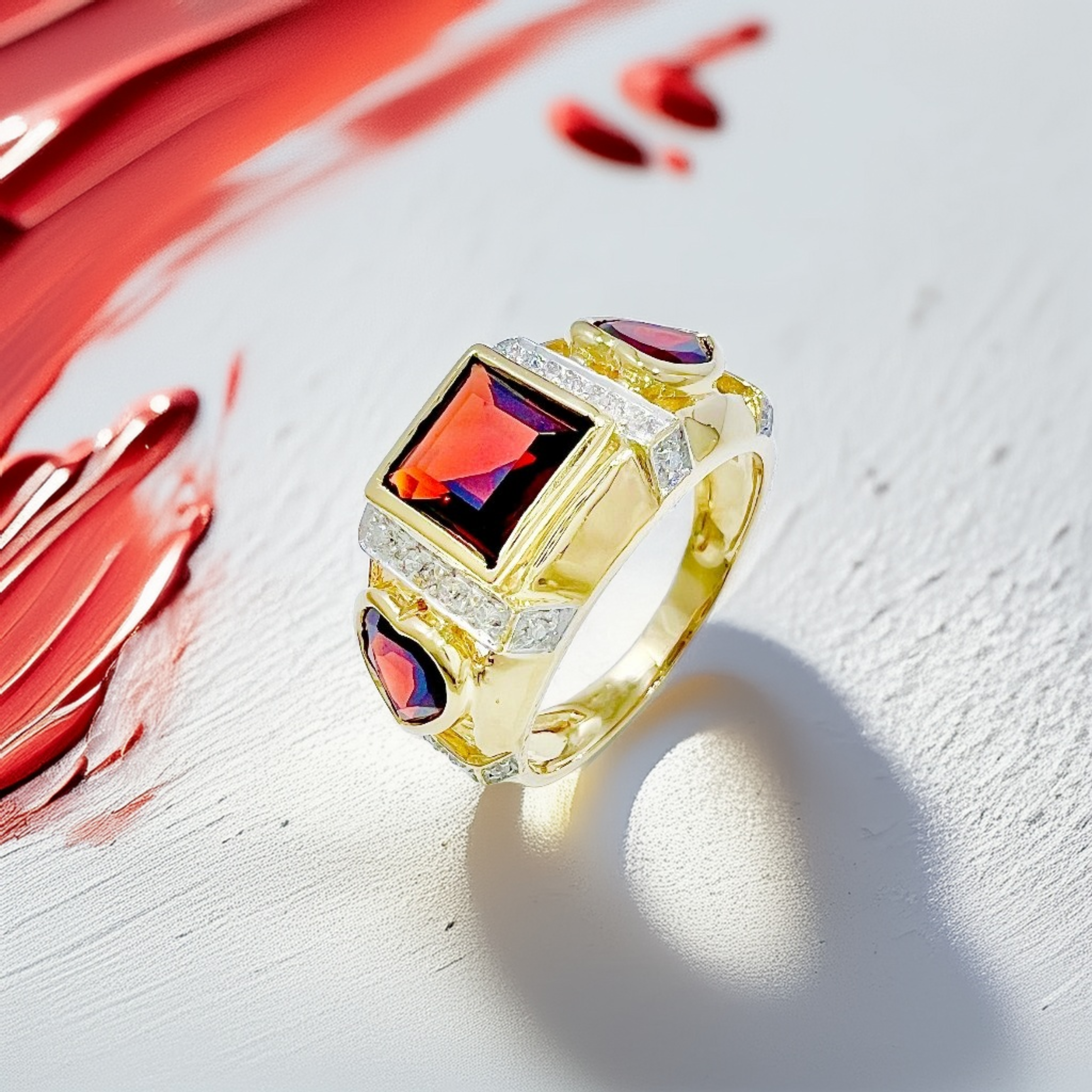 Square & Heart-Cut Garnet Diamond Ring