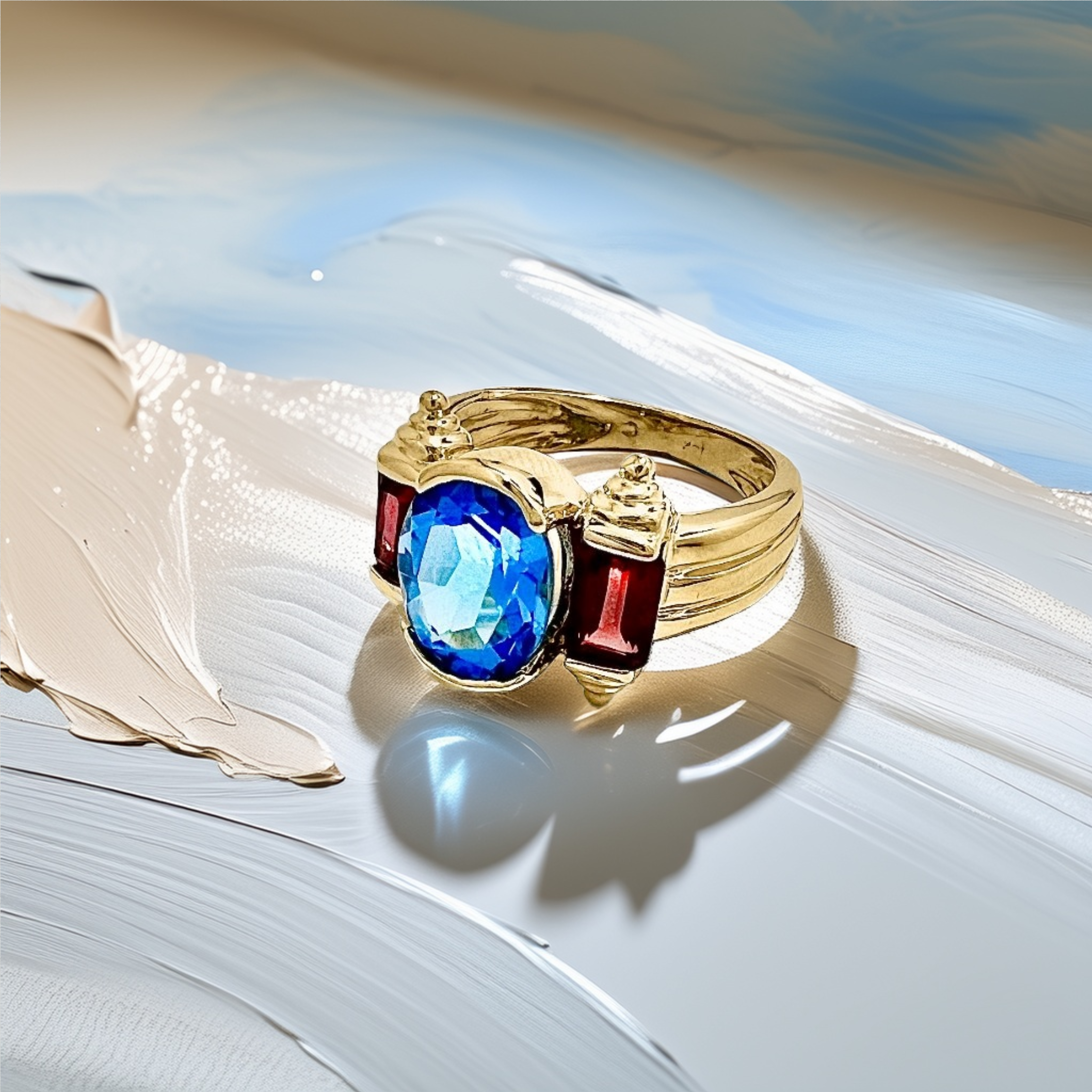 Oval Blue Topaz Garnet Ring